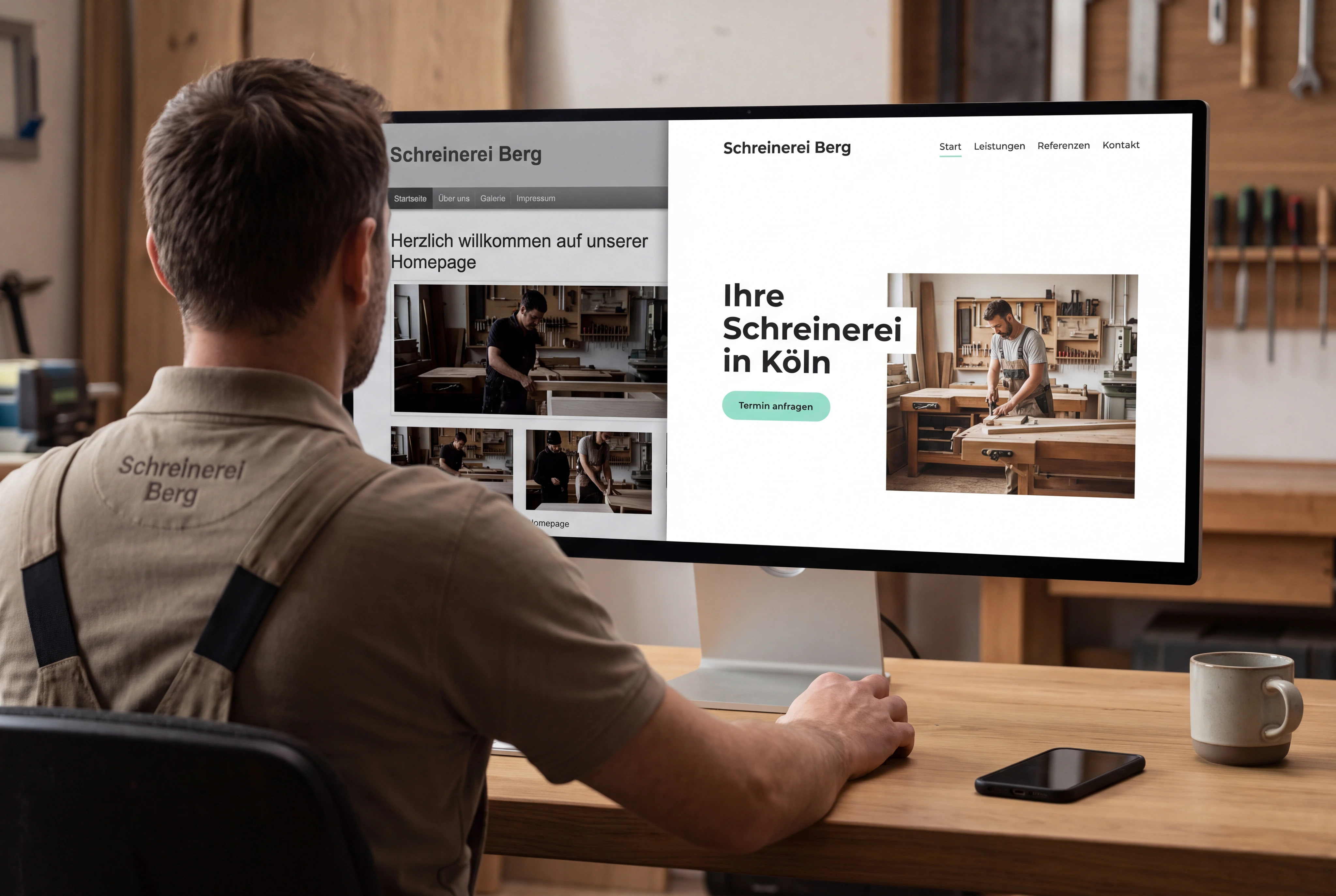 Ein lokaler Händler vergleicht auf einem großen Monitor seine vertraute Website mit einem deutlich ruhigeren, moderneren Startseitenentwurf. Inhalte und Marke bleiben erkennbar, Führung und mobile Ansicht sind verbessert.