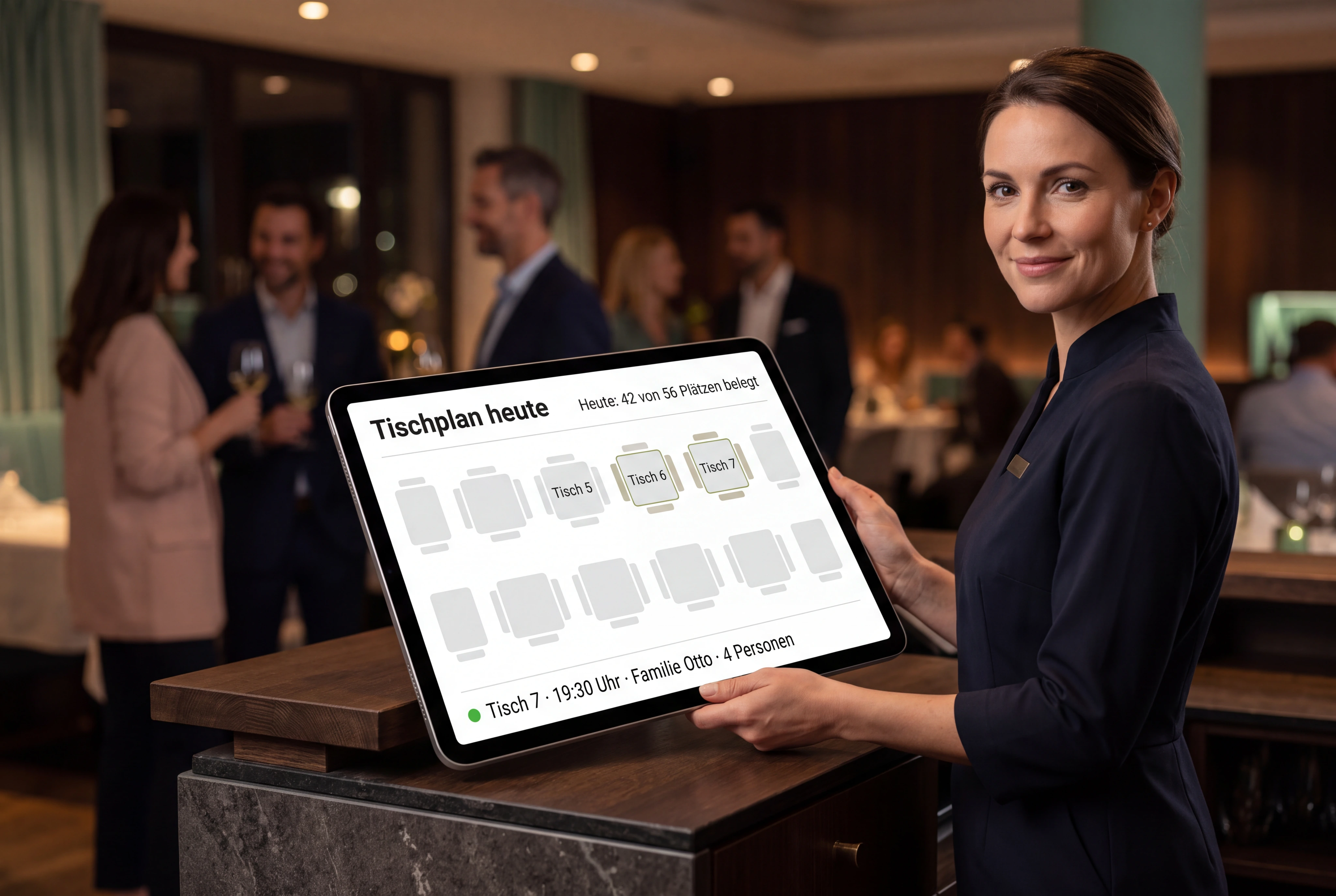 Abendlicher Restaurantempfang. Eine Reservierung erscheint sauber in der bereitgestellten Tischplan-Ansicht, während die Gastgeberin Kapazität und Bestätigung im Blick behält.