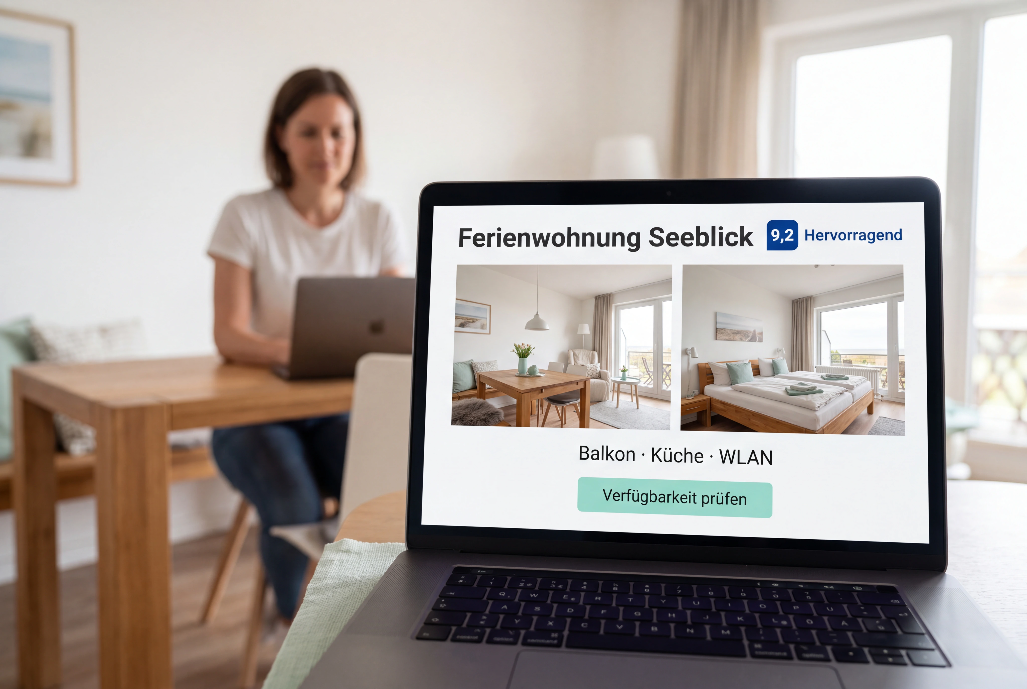 Eine Gastgeberin in einer hochwertigen Ferienwohnung prüft auf dem Laptop ihr bereitgestelltes originales Booking.com-Profil. Raumfoto, Ausstattung und Buchungsangaben stimmen sichtbar mit der realen Unterkunft überein.