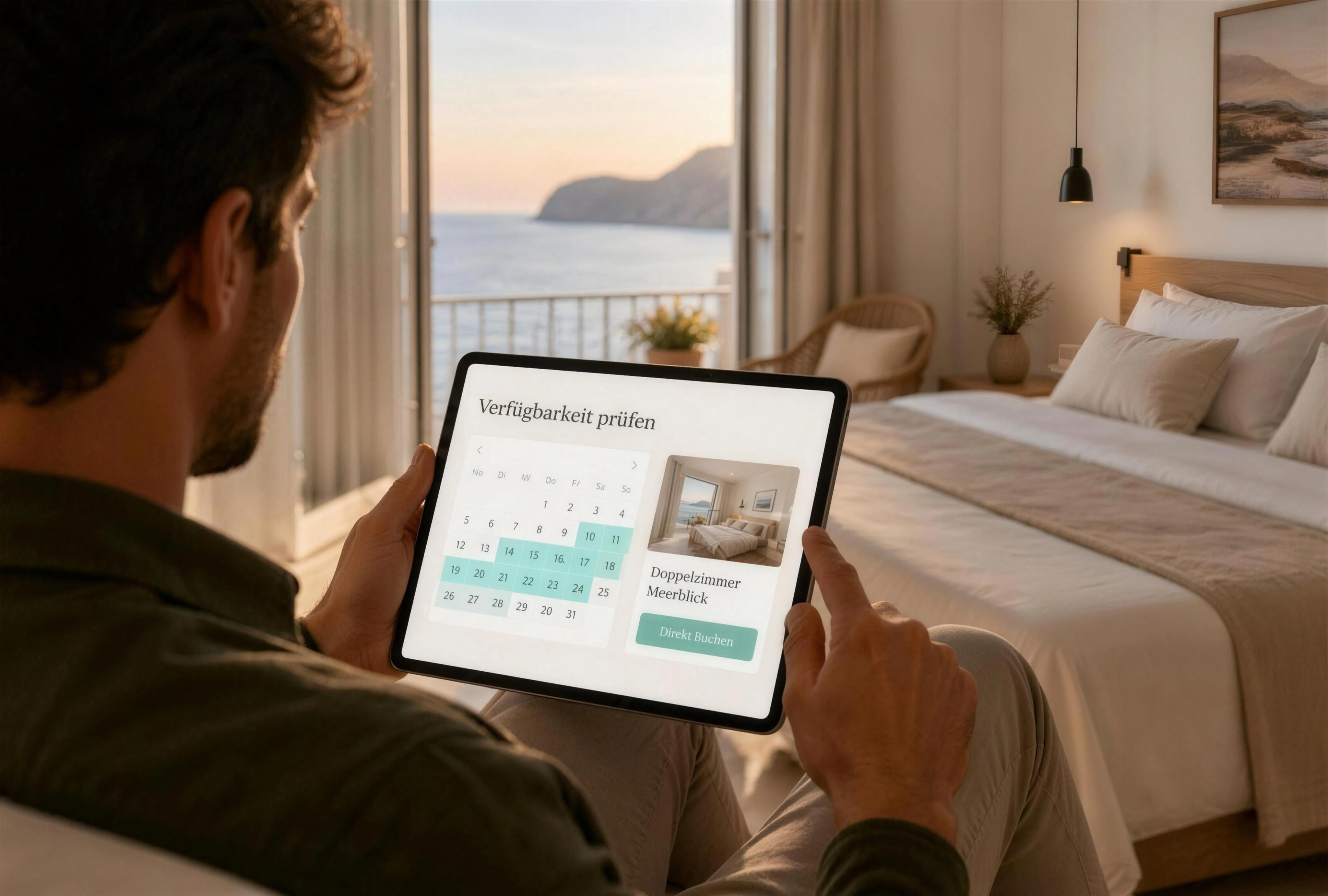 Ein Gast prüft auf der echten Website einer mediterranen Unterkunft Verfügbarkeit und wählt ein Zimmer. Im Hintergrund ist genau dieses Zimmer real zu sehen; Direktbuchung und echter Aufenthalt passen visuell zusammen.