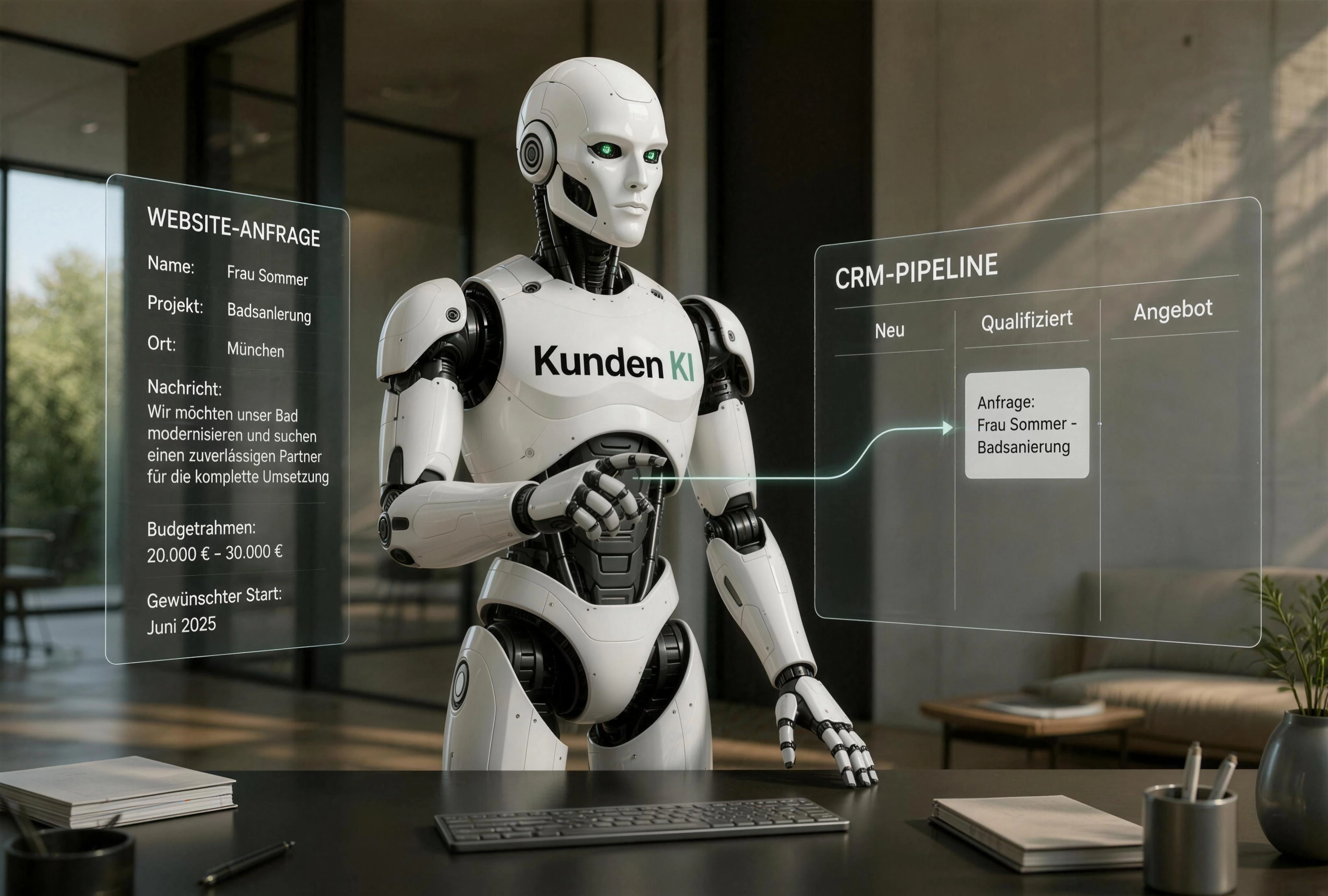 Kai steht zwischen einer Website-Anfrage und einer transparenten CRM-Pipeline. Der vollständige Datensatz bewegt sich einmalig in die richtige Stufe; keine Person kopiert ihn per Hand.