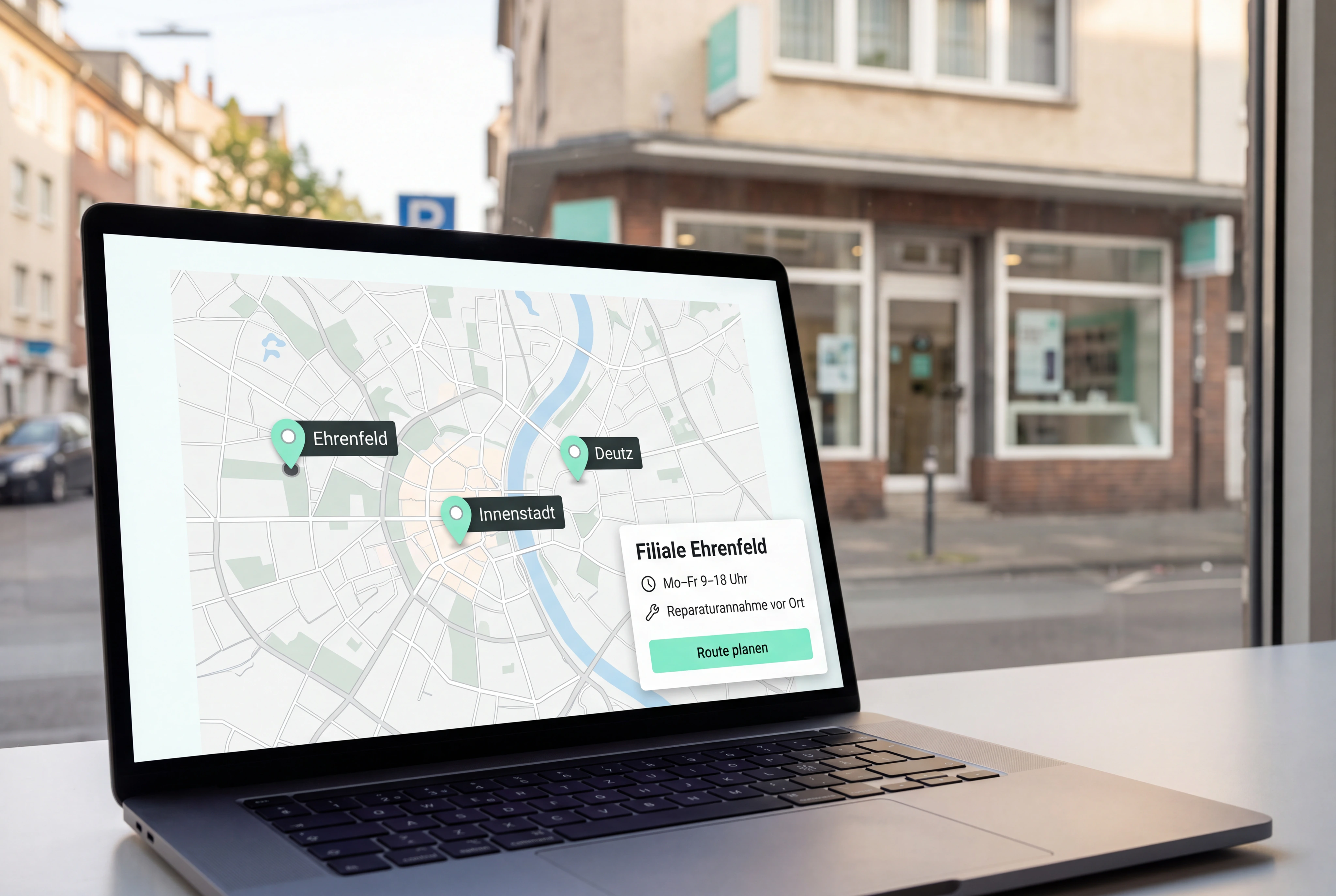 Eine reale Stadtkarte auf einer Website zeigt drei Filialen; eine Kundin wählt den nächsten Standort und sieht exakt dessen Öffnungszeiten, Leistung und Kontaktweg. Im Hintergrund ist die ausgewählte Filiale erkennbar.
