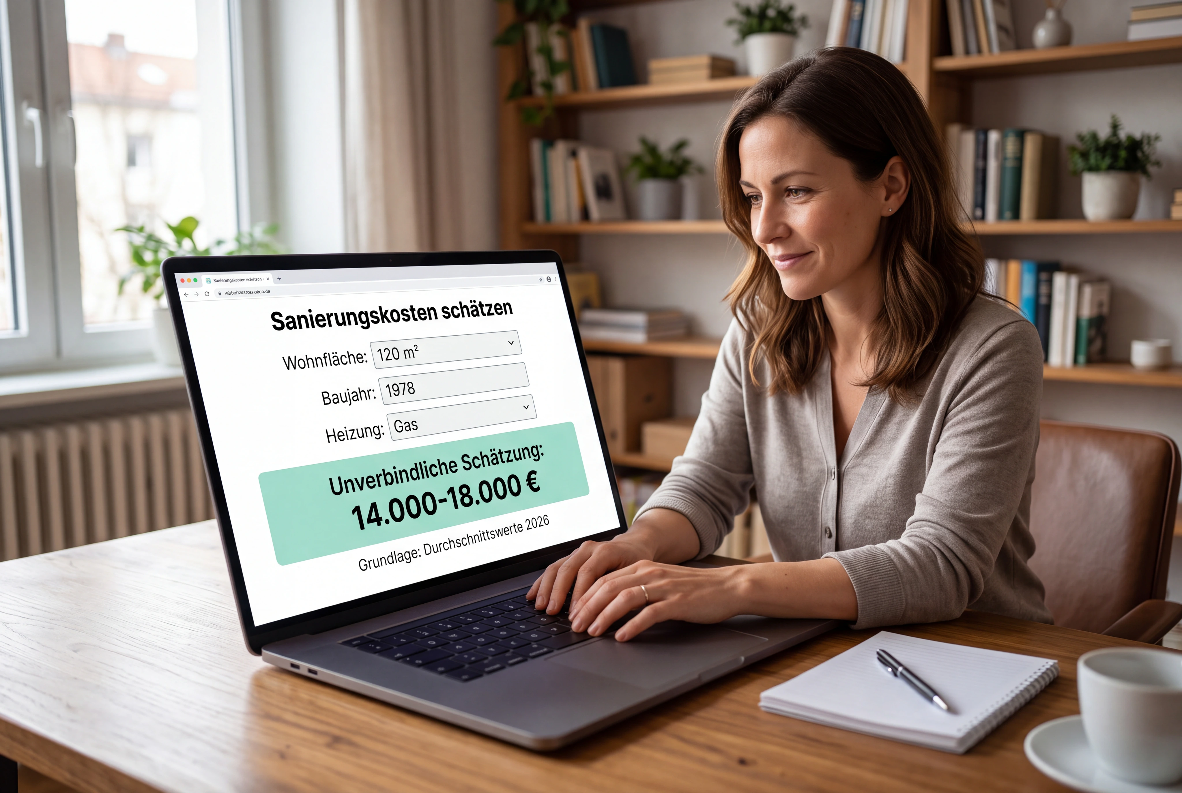 Eine Hausbesitzerin gibt drei einfache Werte in einen klaren Website-Kalkulator ein und erhält eine nachvollziehbare Spanne mit erklärter Grundlage. Realer Beratungskontext, keine Finanzversprechen.
