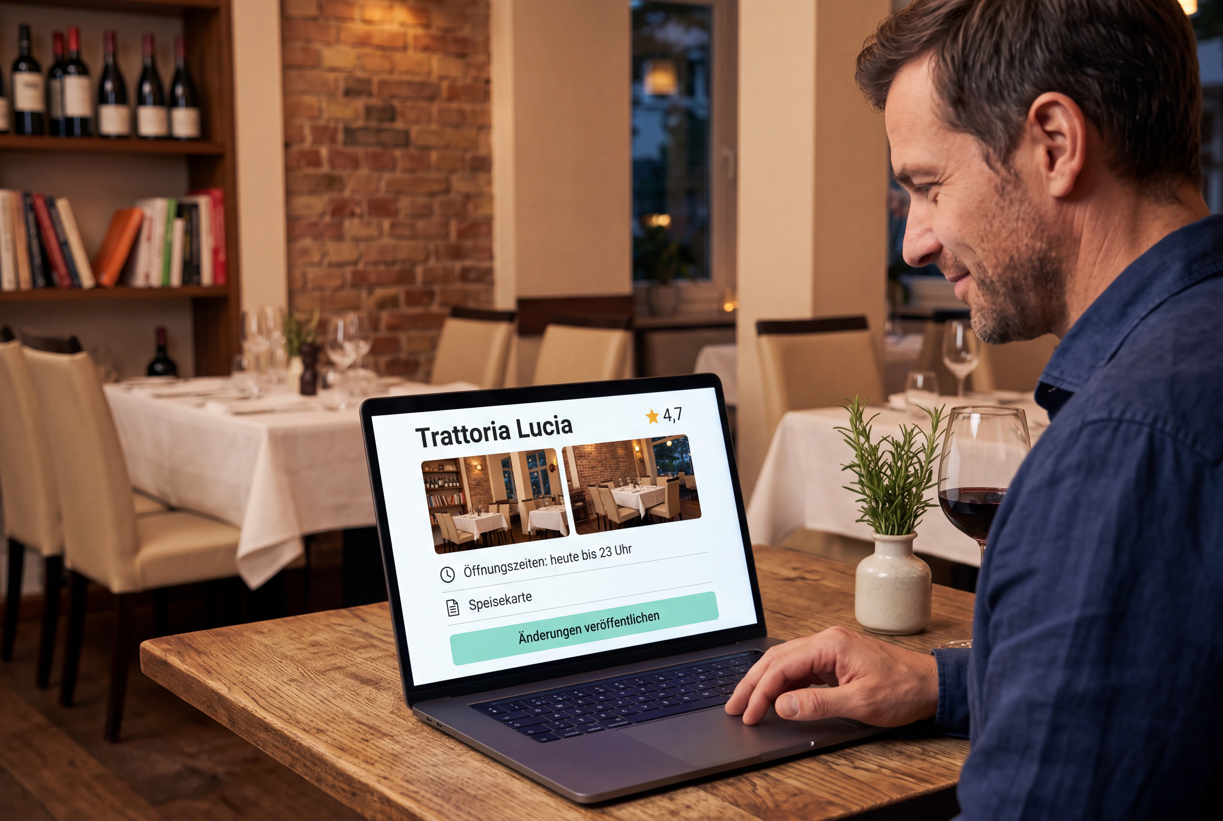 Ein Restaurantinhaber aktualisiert sein bereitgestelltes originales Google-Unternehmensprofil. Fotos, Öffnungszeiten, Speisekarte und Kontaktweg stimmen sichtbar mit dem realen Betrieb überein.