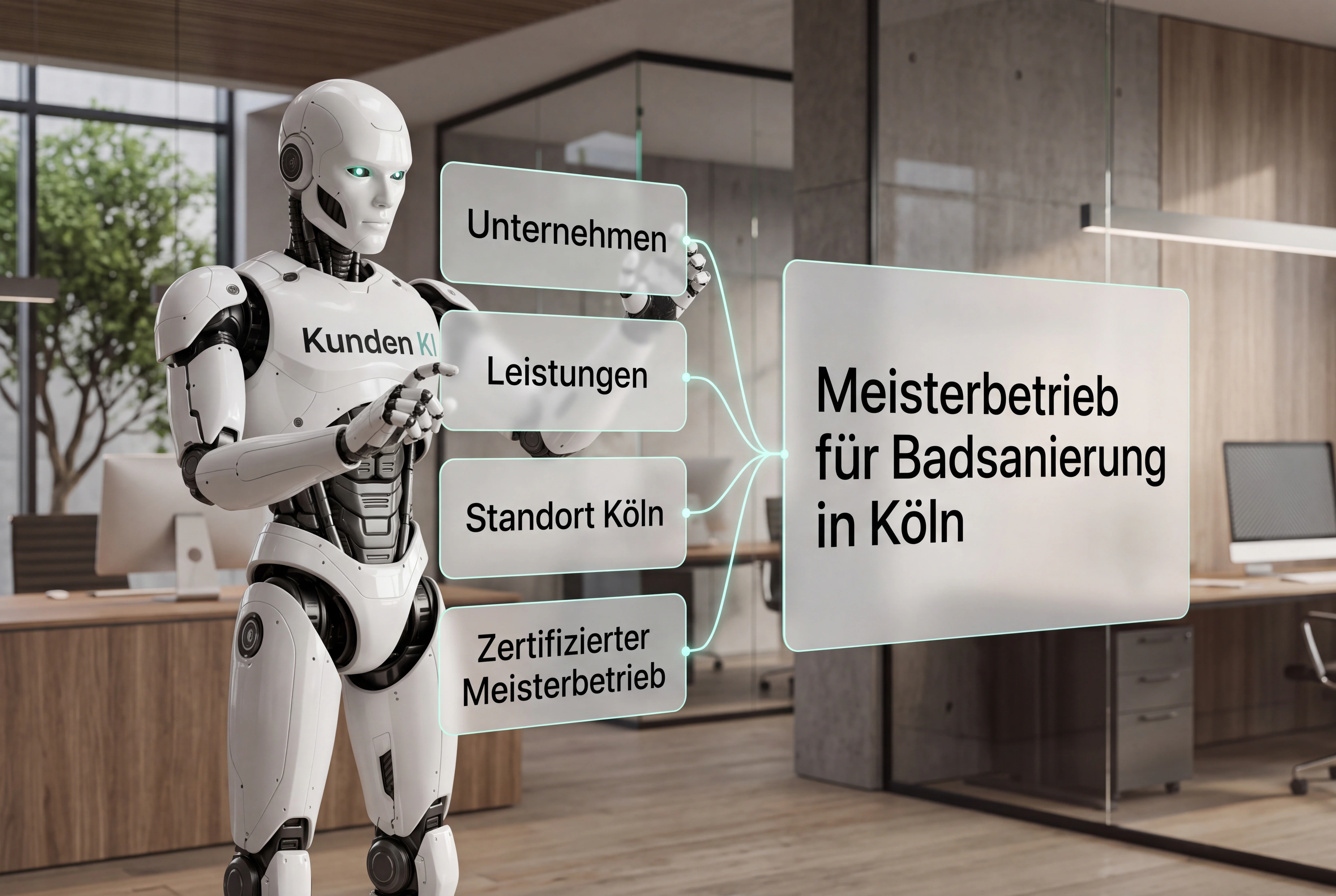 Kai ordnet freigegebene Website-Inhalte als klare räumliche Wissensstruktur: Unternehmen, Leistungen, Standort und Zusammenhänge. Eine neutrale KI-Suche erkennt daraus die richtige Antwort, ohne erfundene Rankings.