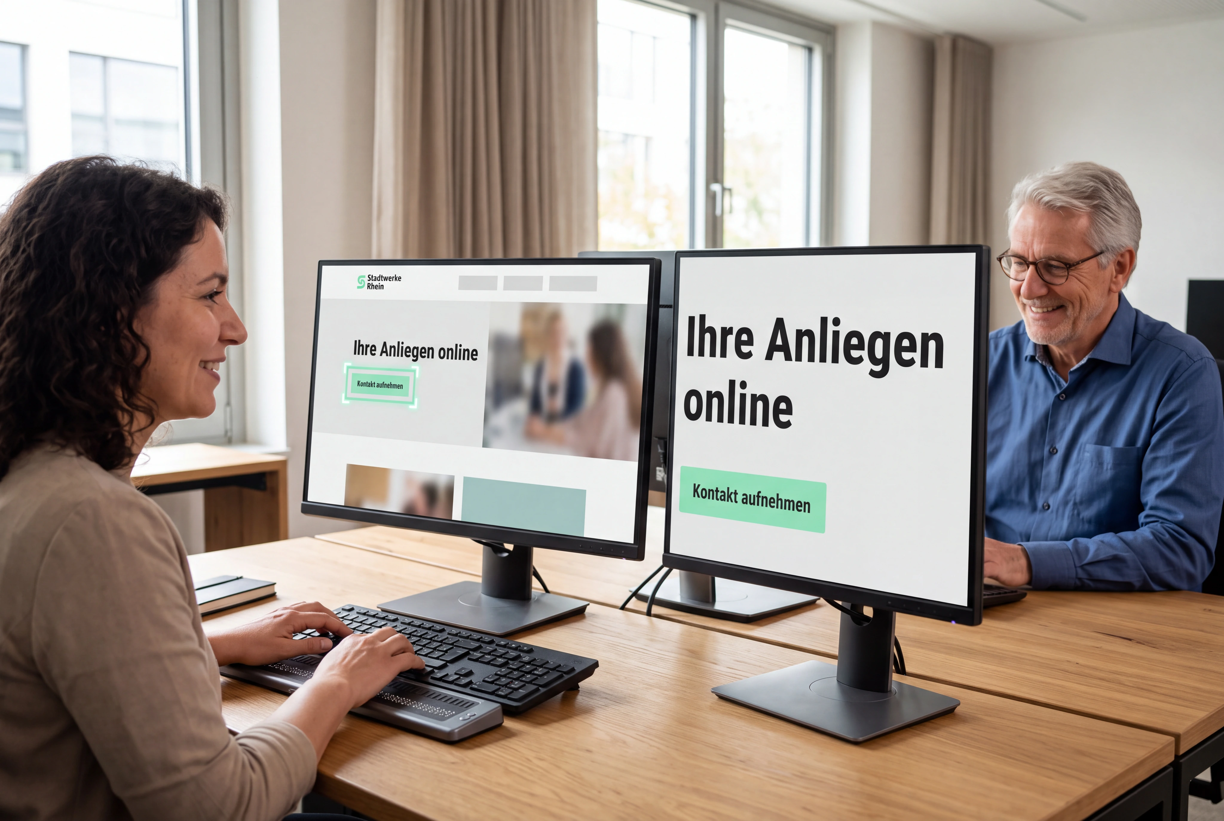 Eine sehbehinderte Nutzerin bedient eine echte Unternehmenswebsite mit Screenreader und Tastatur, während ein älterer Nutzer dieselbe Seite mit guter Lesbarkeit sieht. Würdevoll und selbstverständlich, keine Defizitdarstellung.