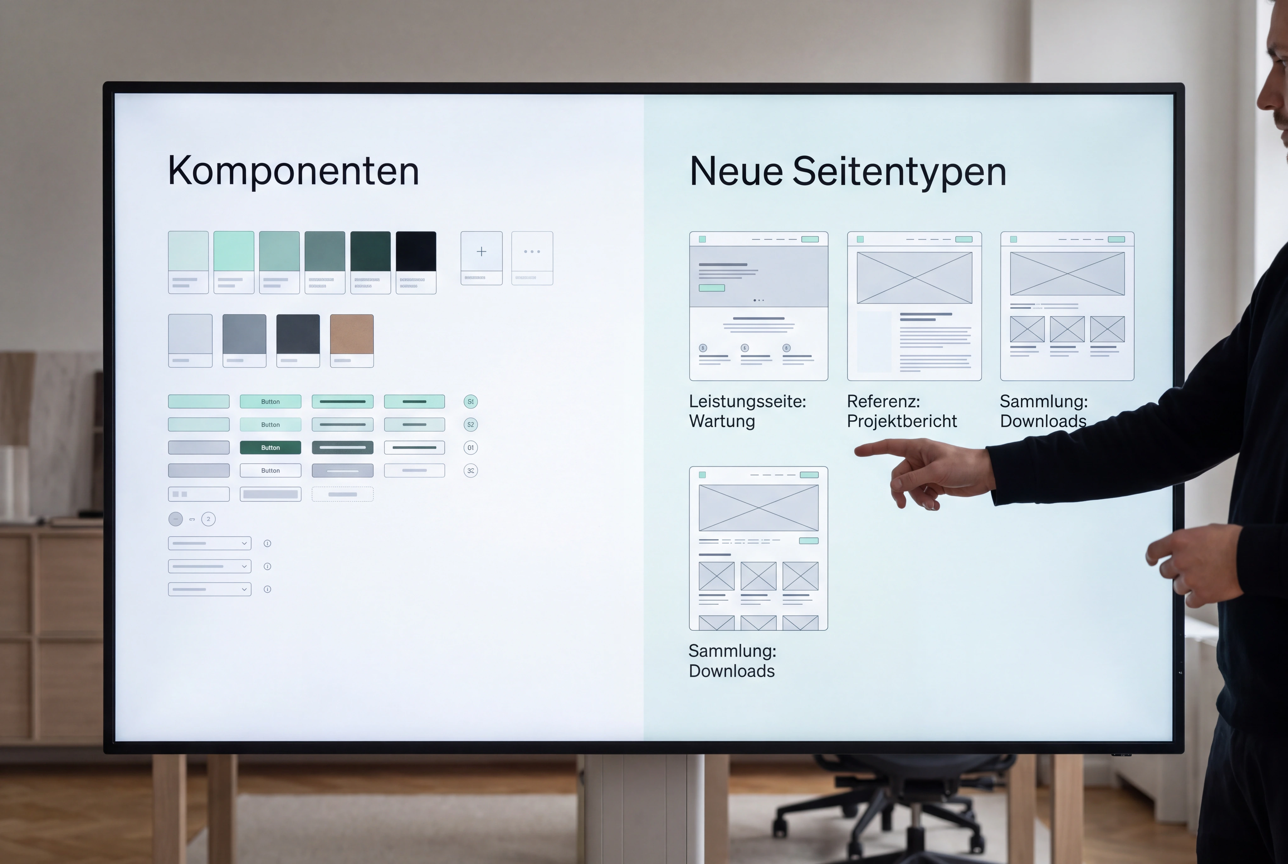Ein bestehendes Website-Designsystem wird um neue Leistungsseite, Referenztyp und pflegbare Sammlung erweitert. Designerin zeigt, wie alle neuen Seitentypen zur bestehenden Marke passen.