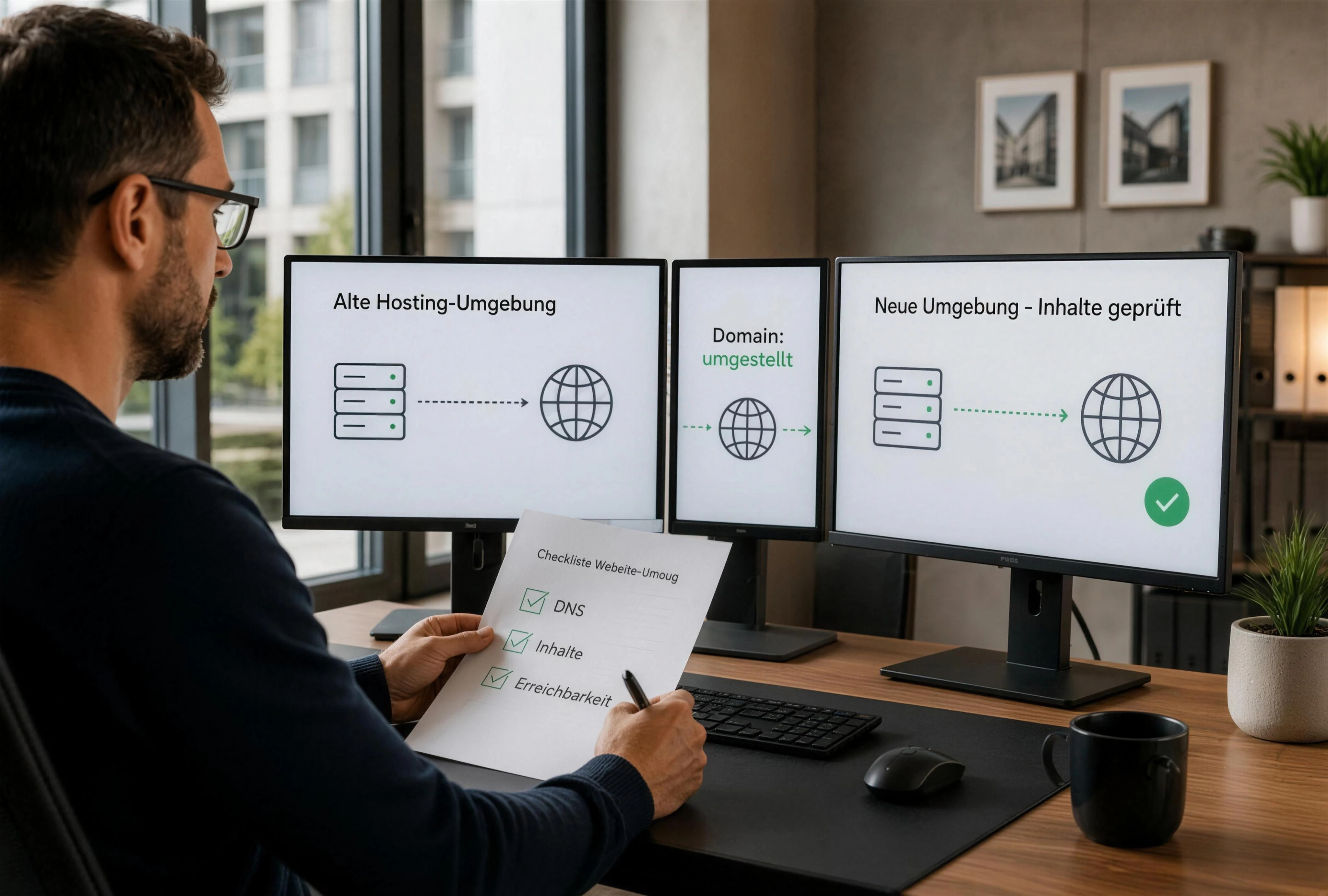 Technischer Umzug einer Standardwebsite: alte Hosting-Umgebung links, überprüfte Kopie rechts, Domainwechsel in der Mitte. Eine Administratorin kontrolliert DNS, Inhalte und Erreichbarkeit.