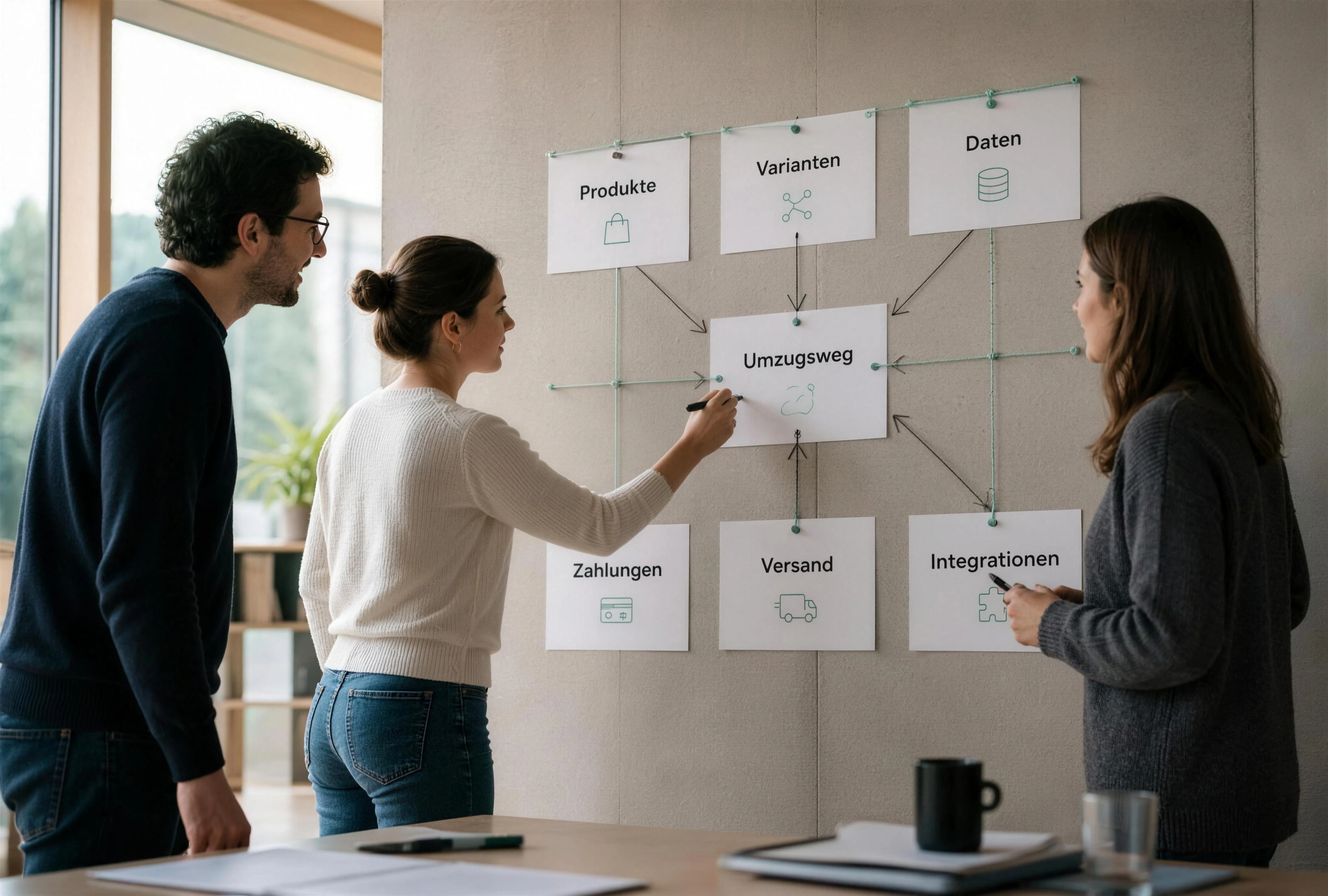Ein E-Commerce-Team plant auf einer großen realen Wand Produkte, Varianten, Daten, Zahlungen, Versand und Integrationen als belastbaren Umzugsweg. Keine futuristischen Hologramme.