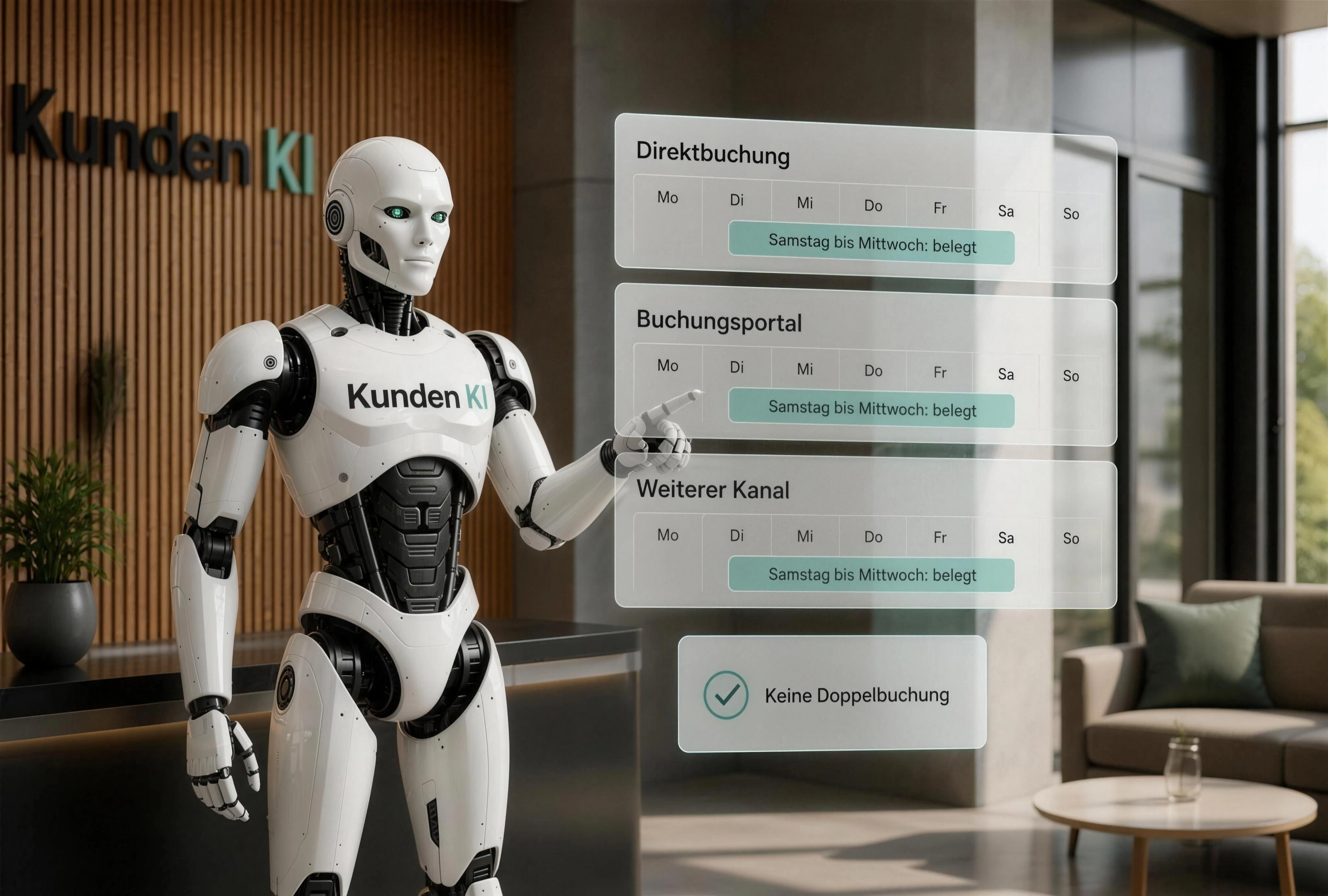 Kai steht vor einem räumlichen Belegungsplan, der Direktwebsite, Booking.com und einen weiteren Kanal verbindet. Eine einzige neue Buchung sperrt denselben Zeitraum überall, ohne Doppelbuchung.