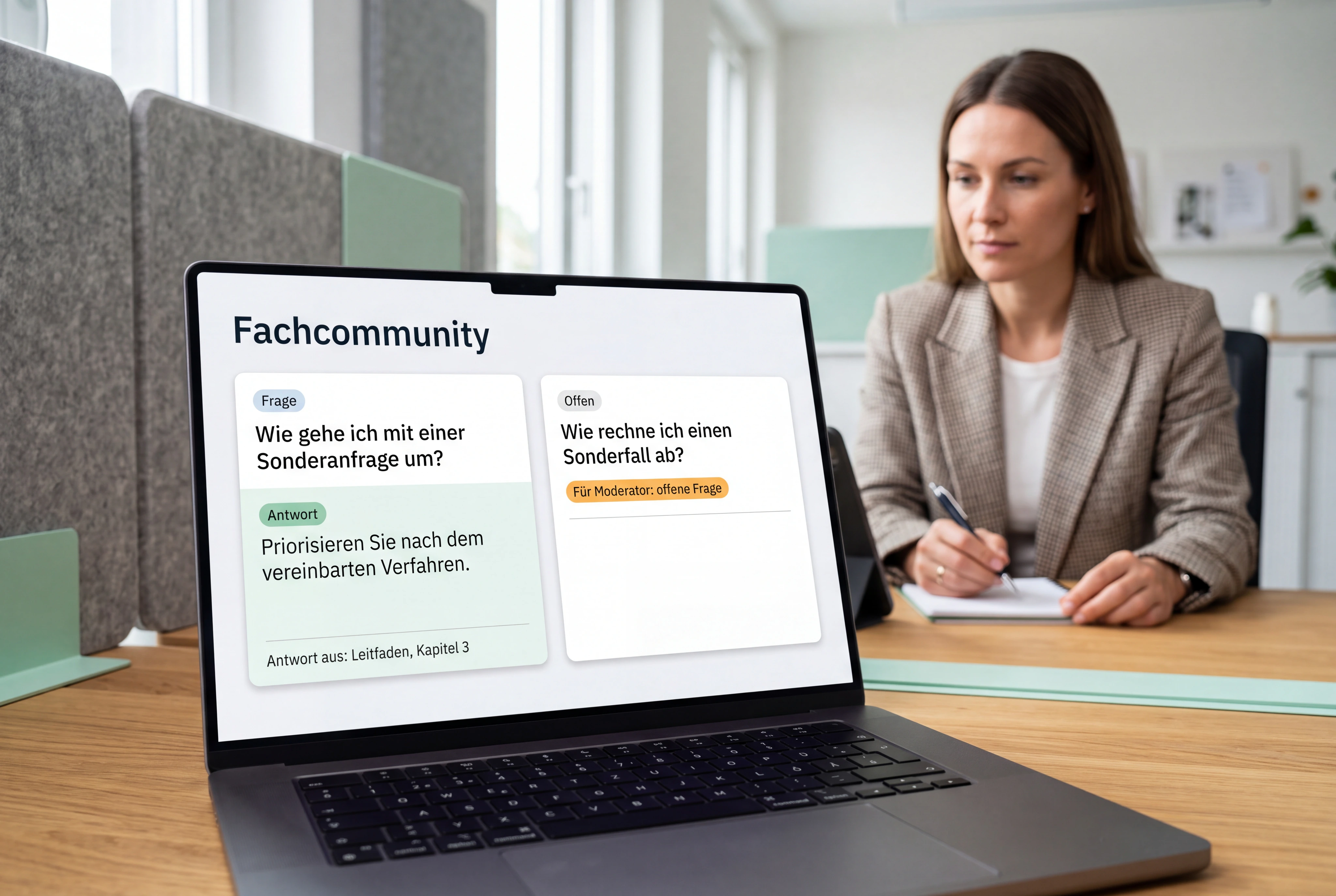 Eine professionelle Mitglieder-Community auf Laptop und Mobil erhält schnelle Antworten aus klar freigegebenem Wissen; komplexe Frage bleibt sichtbar für einen menschlichen Moderator offen.