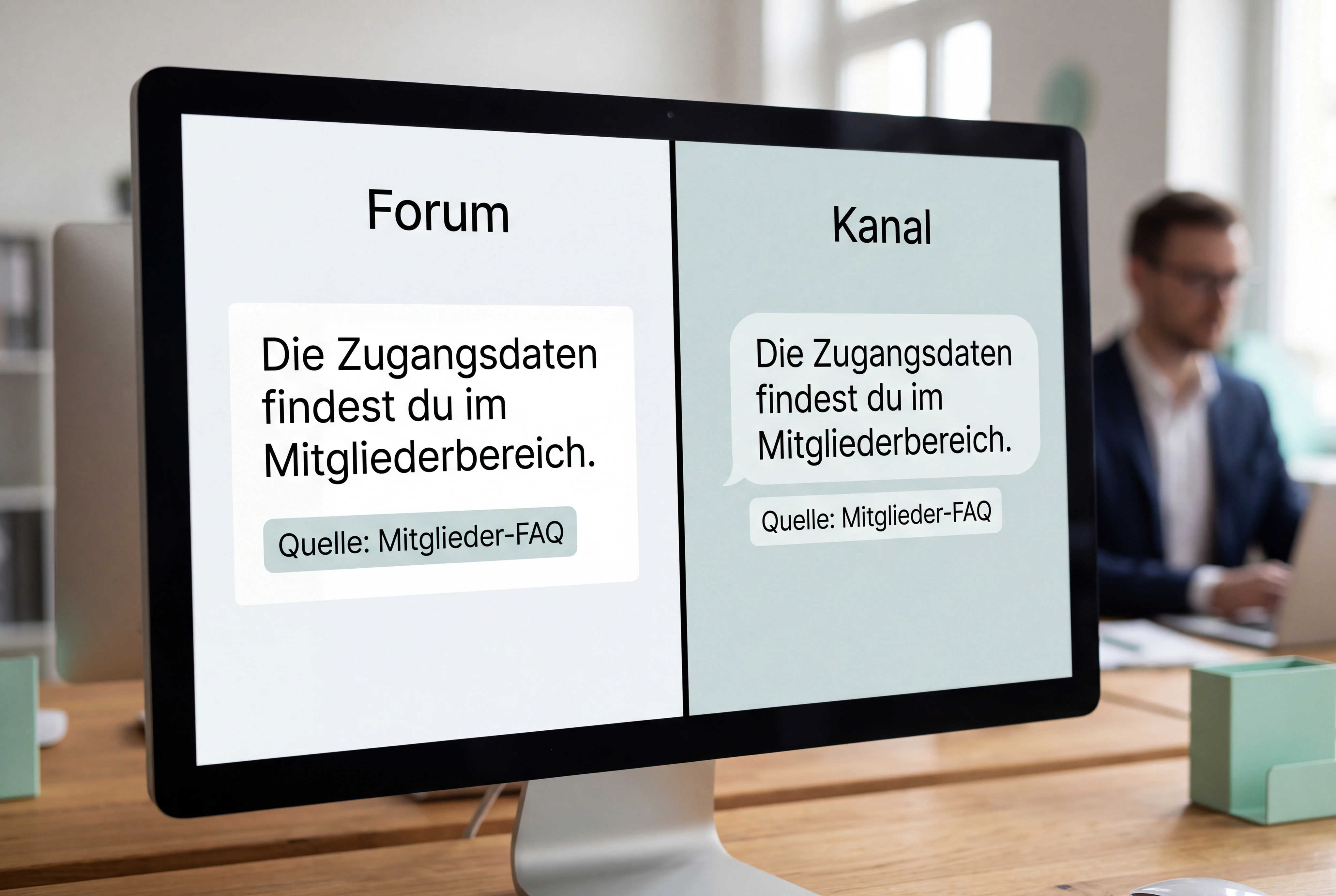 Dasselbe freigegebene Wissen erscheint konsistent in zwei bereitgestellten Community-Kanalansichten. Regeln und Quellen bleiben gleich, nur der Zugangskanal ändert sich.