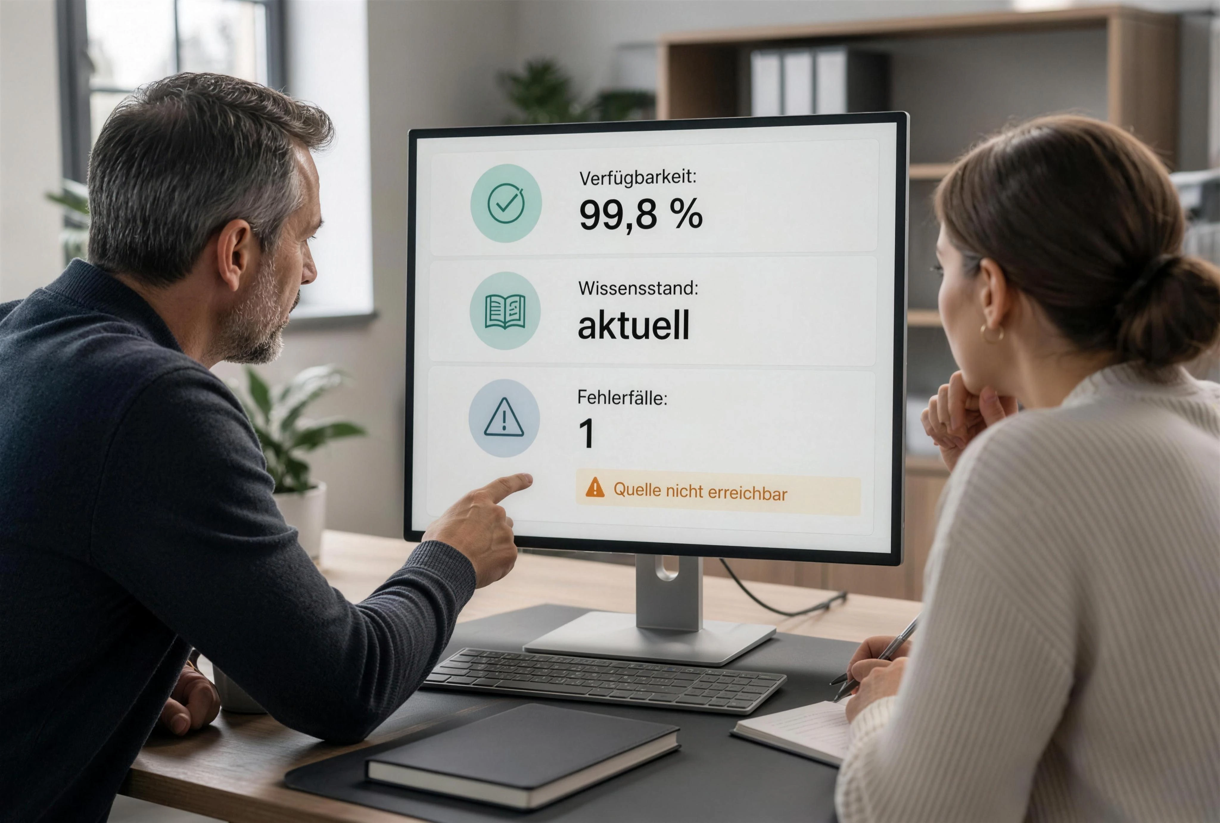 Ein reales Operations-Team überwacht Verfügbarkeit, Wissensstand und Fehlerfälle eines Assistenten auf einem ruhigen Dashboard. Eine einzelne Warnung wird geprüft, kein futuristisches Kontrollzentrum.