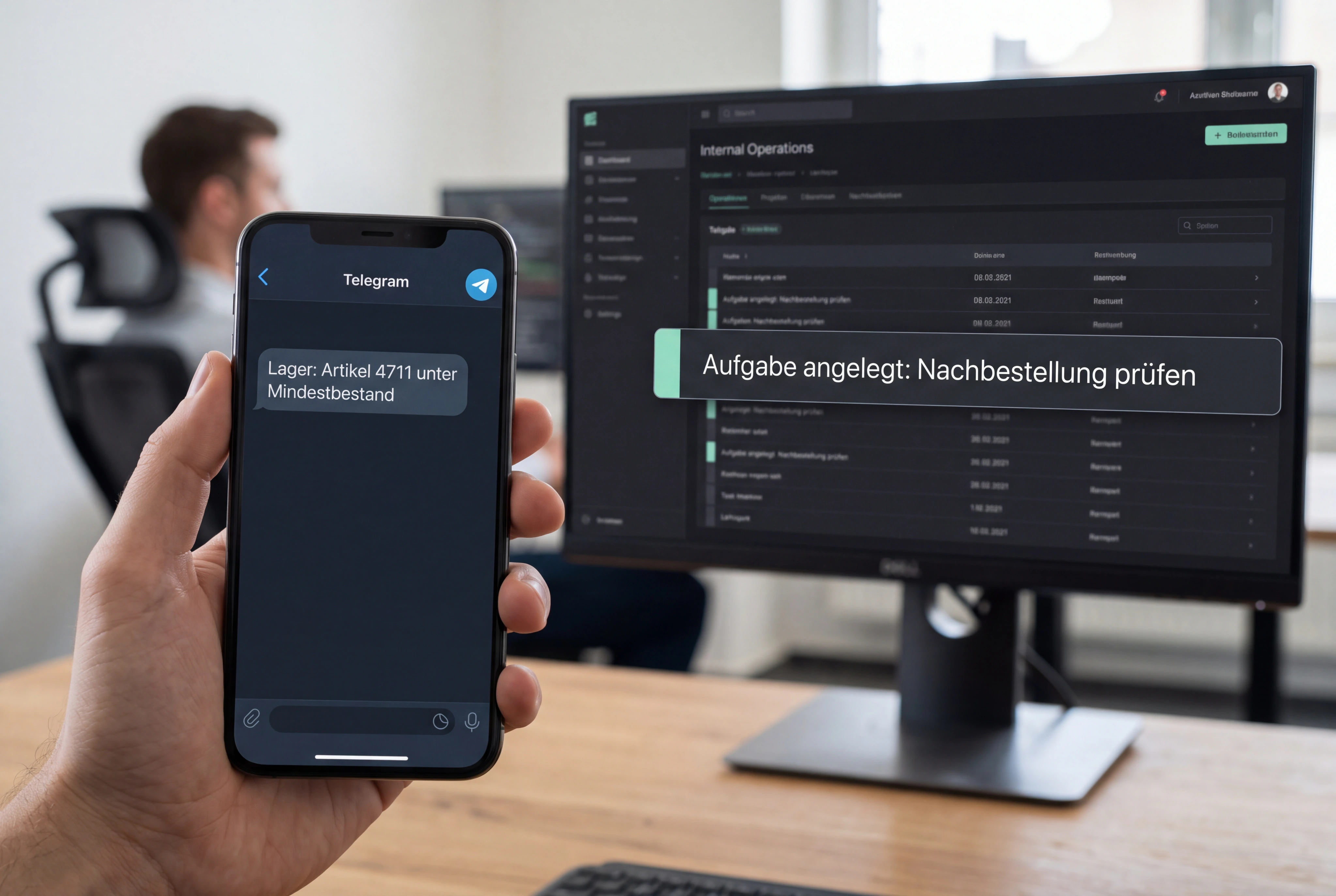 Eine definierte Telegram-Meldung erreicht einen realen Betriebsworkflow und erzeugt eine klare interne Aufgabe. Originale bereitgestellte App-Oberfläche, keine generierten Texte.