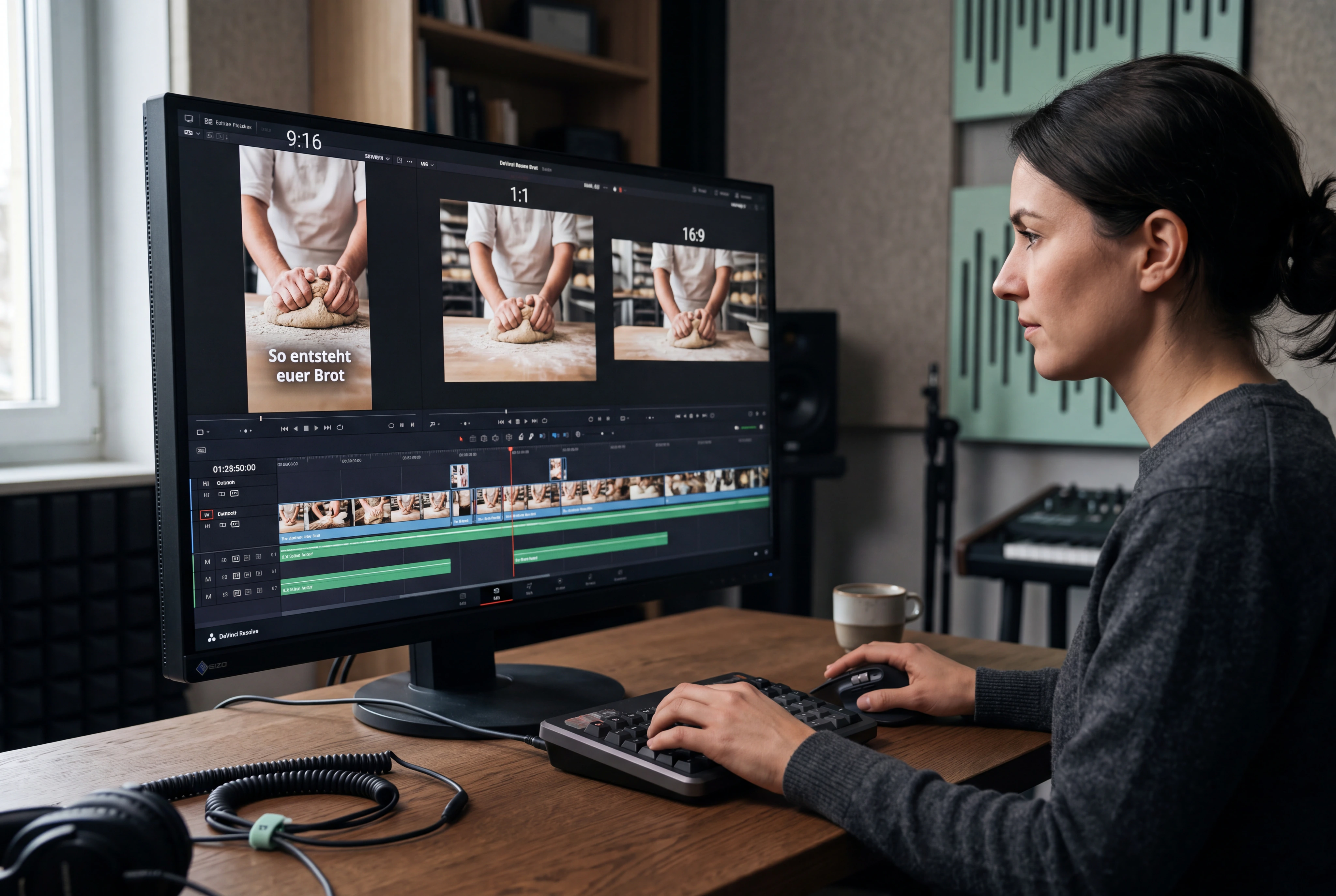 Professionelle Editorin schneidet aus vorhandenem Markenmaterial mehrere kurze vertikale Clips. Timeline, Untertitelbereich und drei Formate sind als bereitgestellte echte Projektansicht sichtbar.