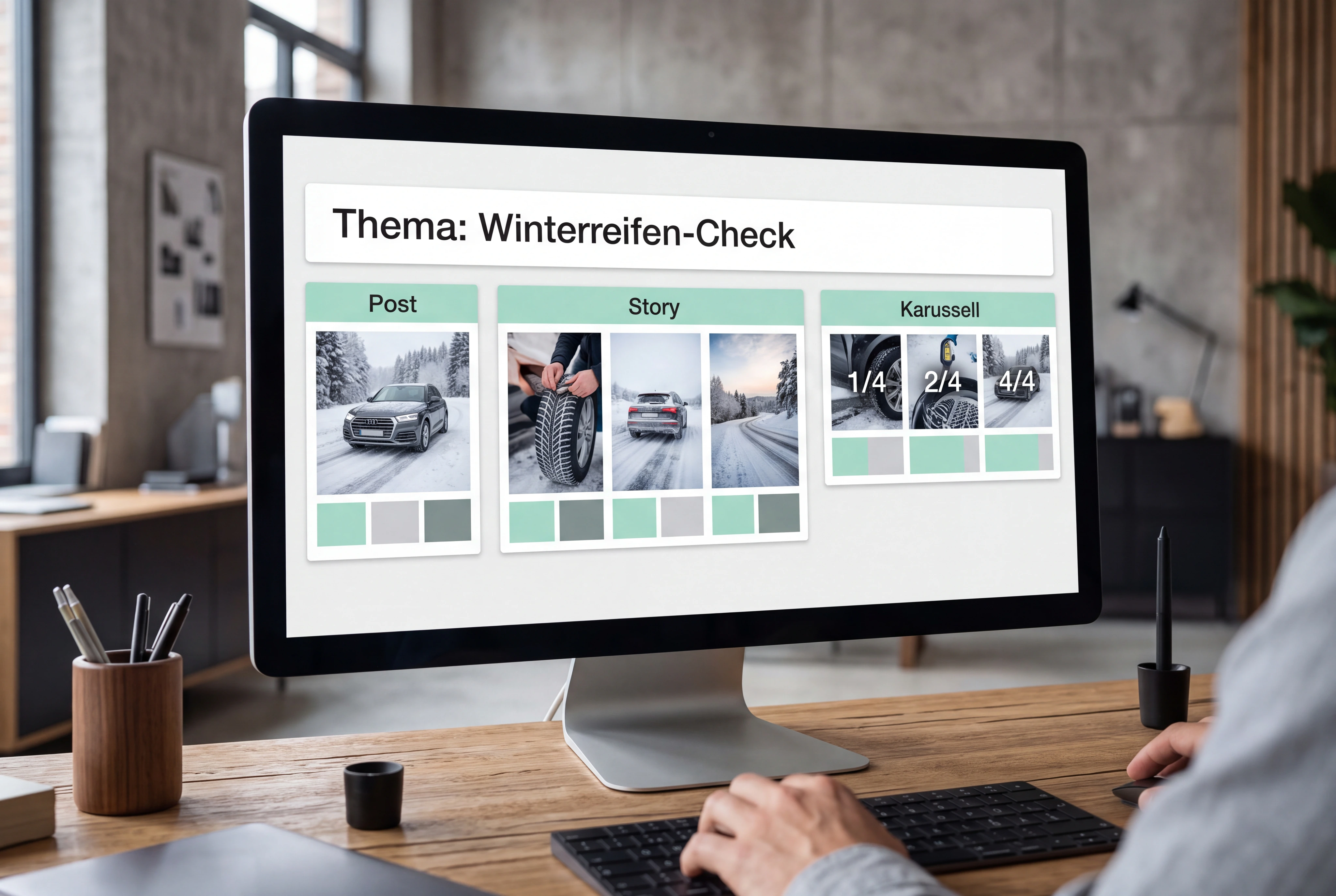 Content-Designerin erstellt aus einem Fachthema einen einzelnen Post, ein Story-Set und ein Karussell innerhalb derselben Markenwelt. Reale Layouts auf einem großen Arbeitsbildschirm.