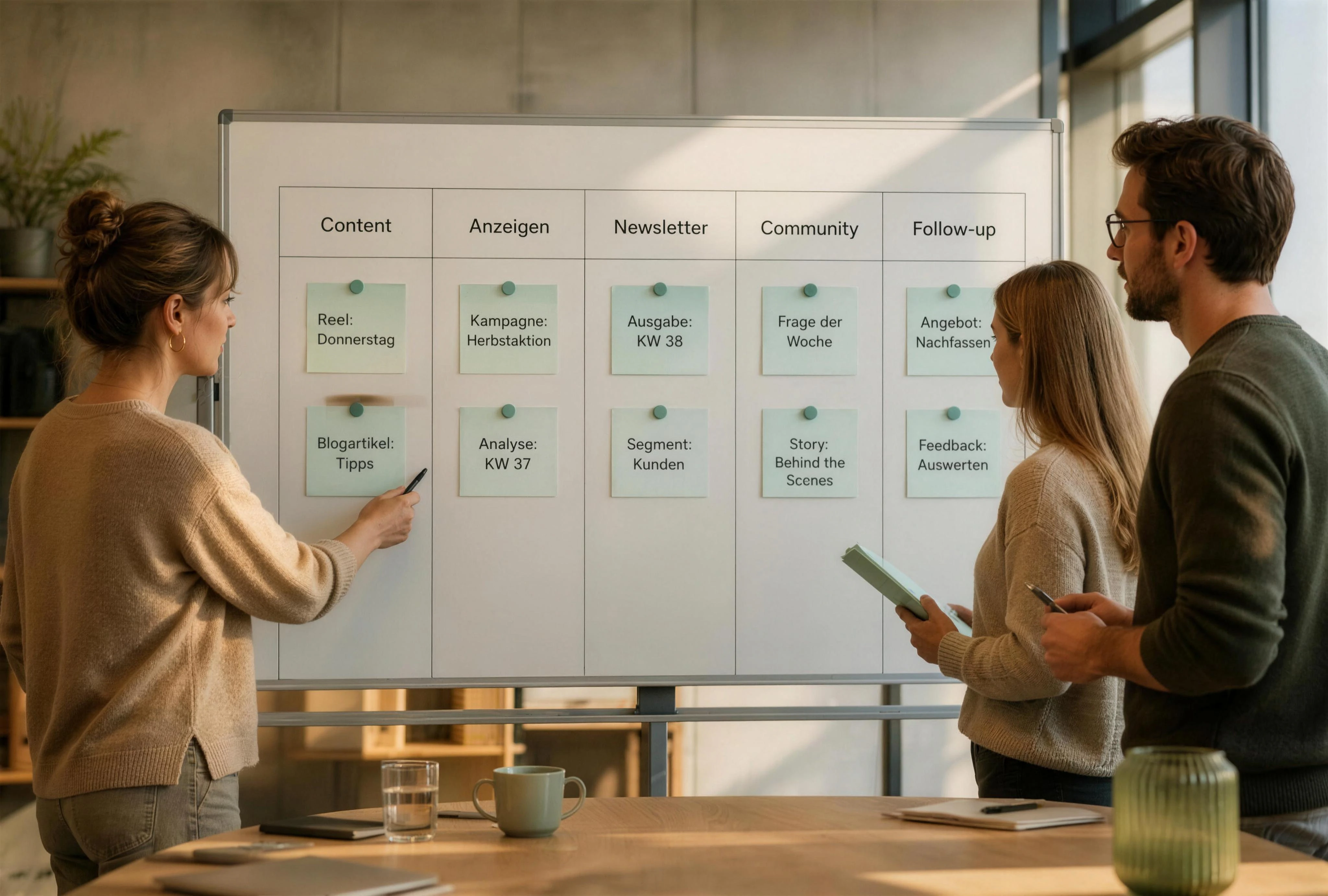 Professionelles kleines Marketingteam koordiniert Content, Anzeigen, Newsletter, Community und Follow-up auf einem gemeinsamen Monatsboard. Hohe Leistung, aber keine hektische Agenturästhetik.