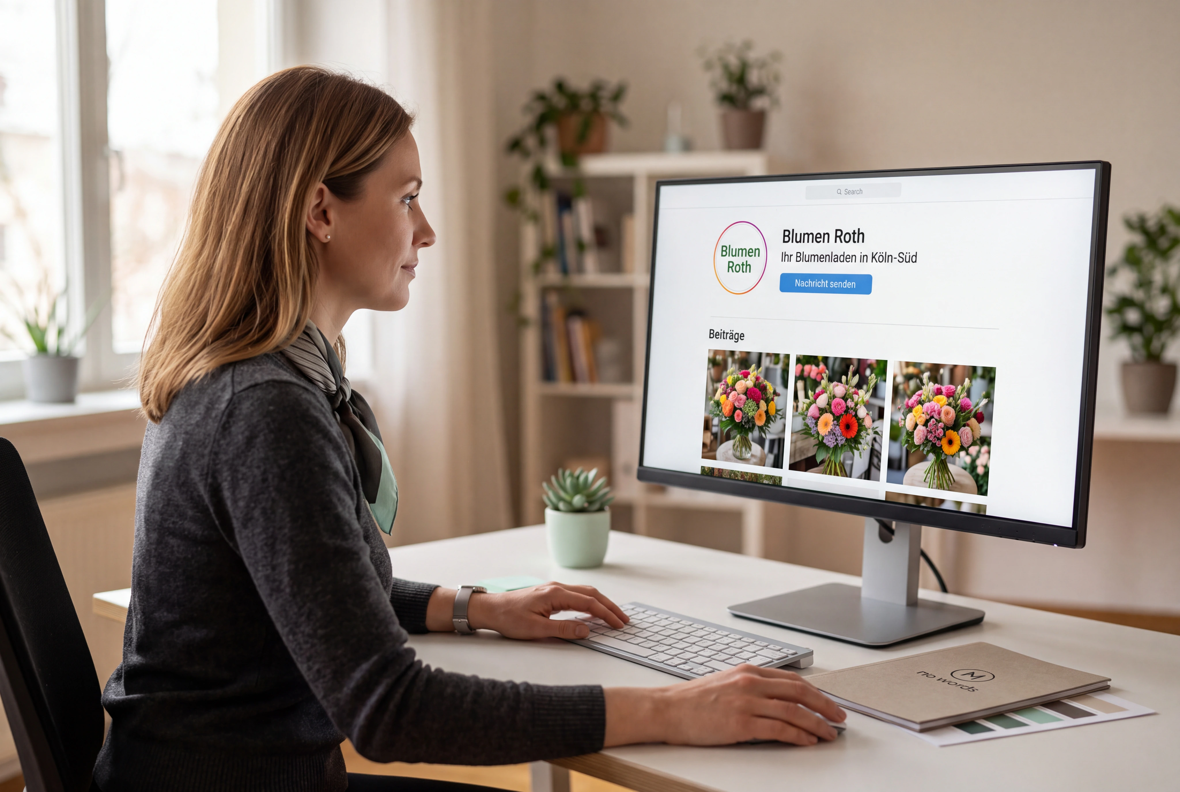 Eine Social-Media-Managerin richtet ein Unternehmensprofil mit korrektem Logo, Beschreibung, Kontaktweg und vorhandener Markenbasis ein. Die bereitgestellte echte Kanalansicht steht im Mittelpunkt.