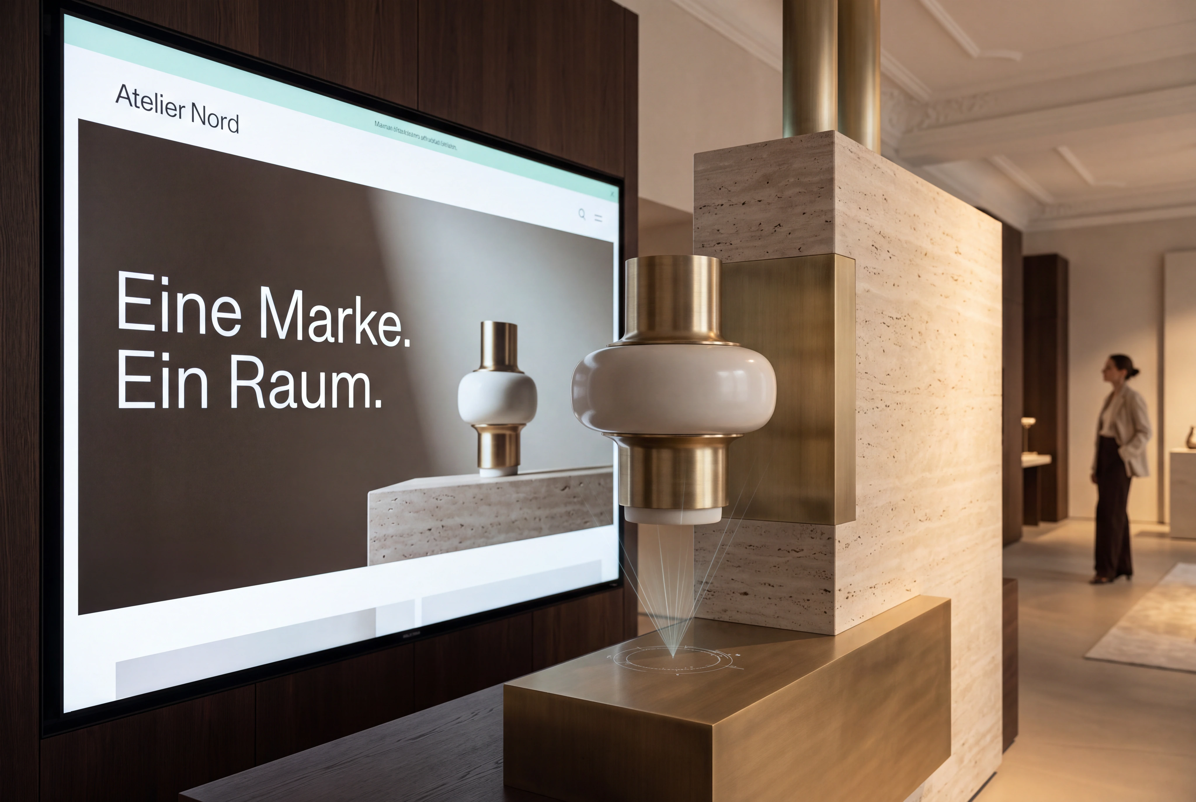 Eine elegante Website geht räumlich in ein interaktives 3D-Objekt und eine reale Markenarchitektur über. Premiumproduktion, technisch glaubwürdig, keine Cyberpunk-Optik.