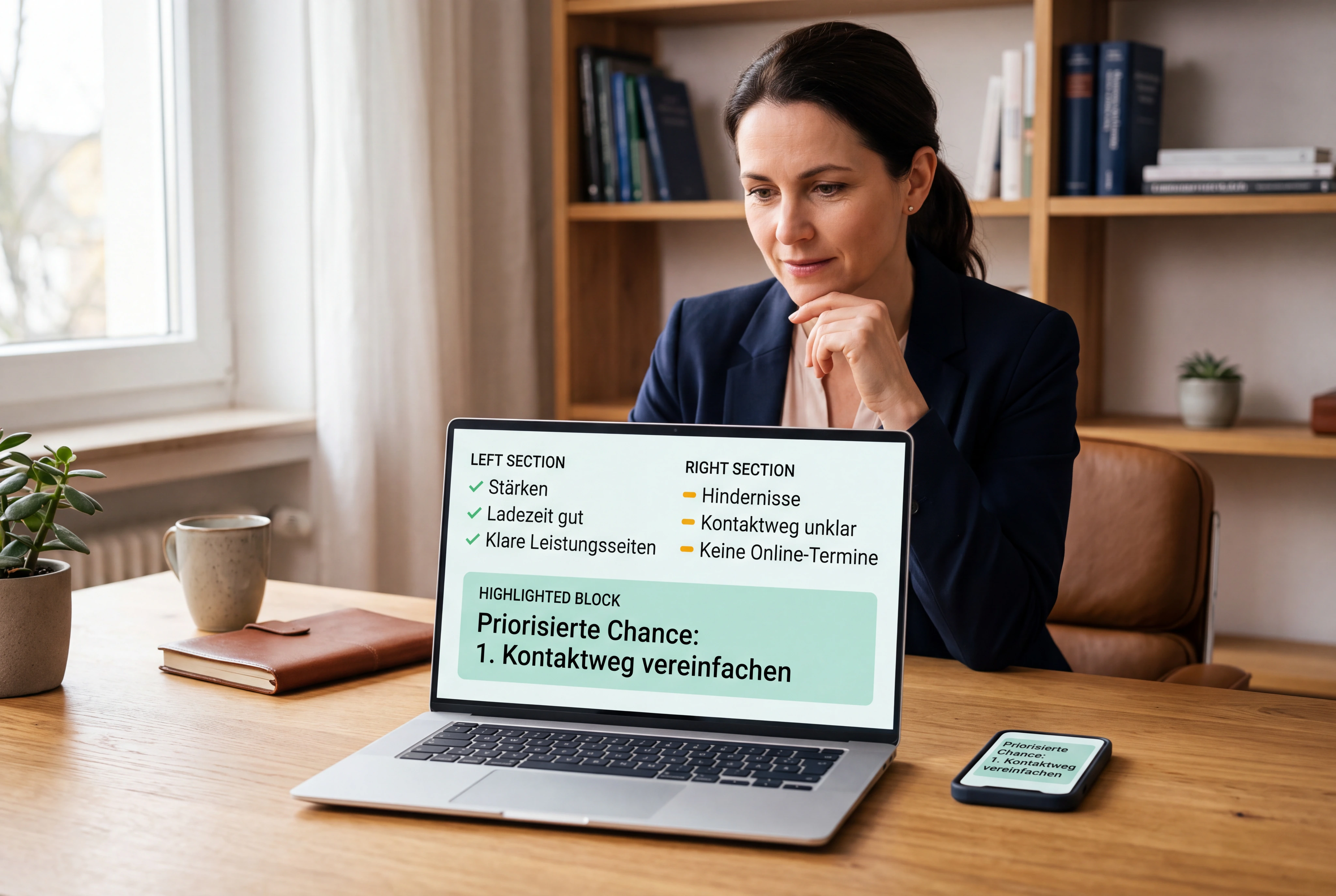 Ein echtes bereitgestelltes Kunden-KI-Scanner-Ergebnis auf Laptop und Mobil zeigt Stärken, Hindernisse und priorisierte Chancen. Eine Unternehmerin erkennt sofort den nächsten sinnvollen Schritt.