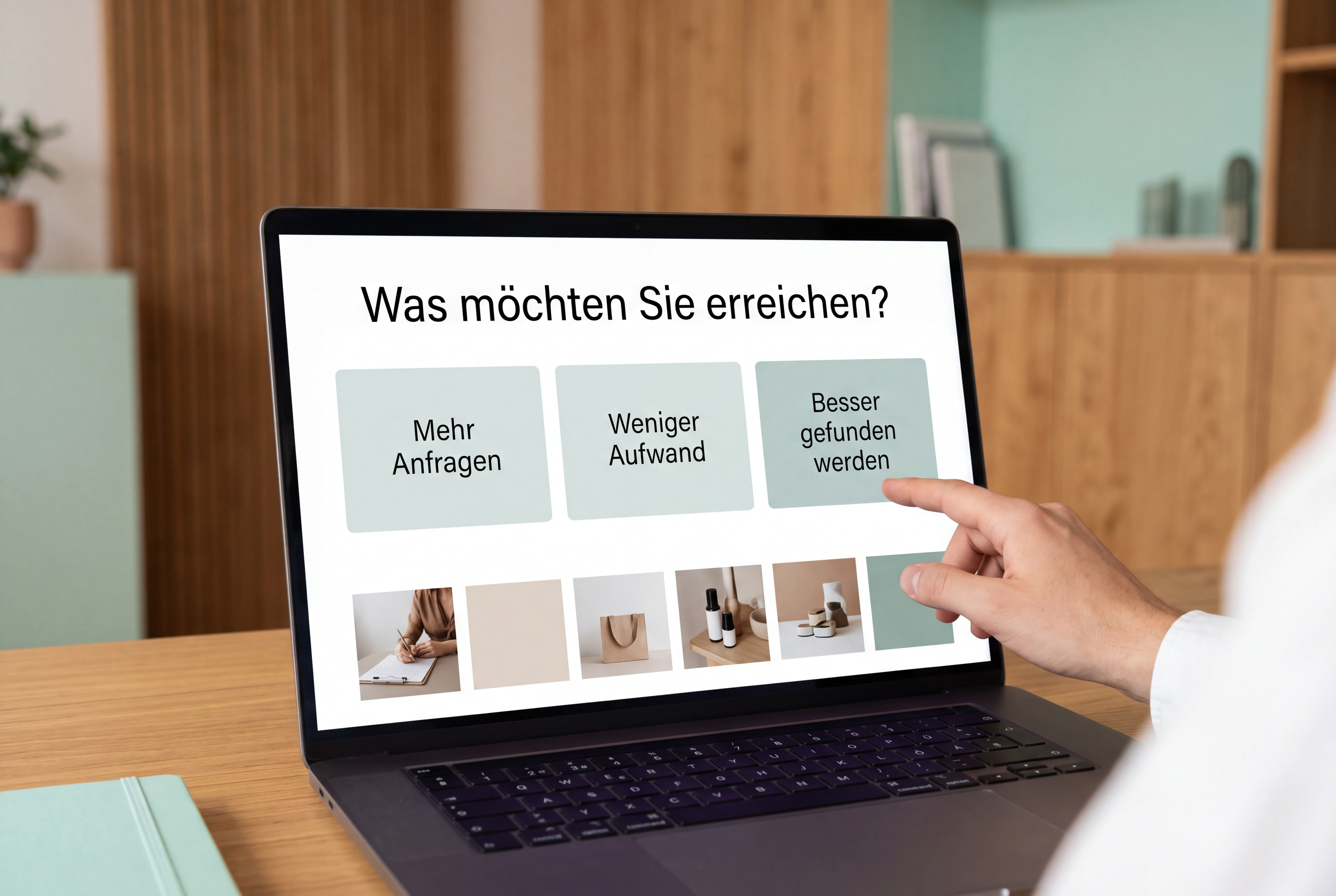 Ein Unternehmer wählt auf der bereitgestellten echten Kunden-KI-Shopansicht zuerst sein Ziel statt eines Paketnamens. Wenige klare Wege, ruhige Produktkarten, keine Preiswand.