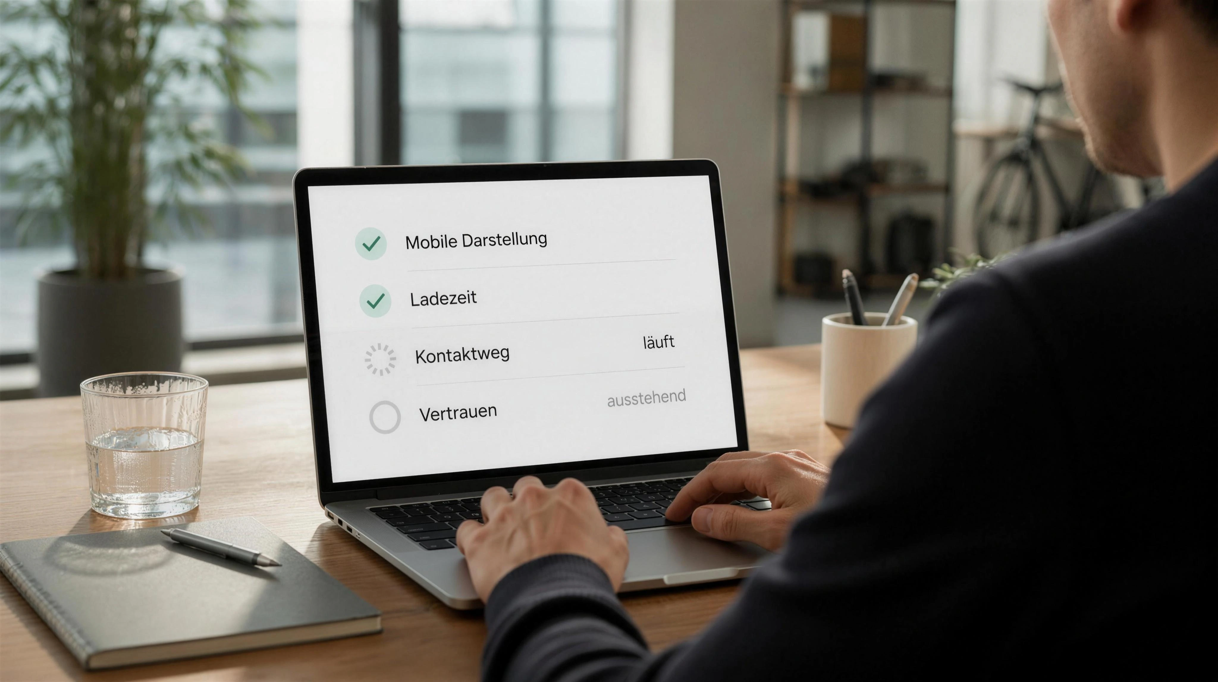 Ein Website-Check läuft sichtbar in klaren, aufeinanderfolgenden Prüfschritten: mobile Darstellung, Ladezeit, Kontaktweg und Vertrauen. Die bereitgestellte UI bleibt exakt, keine Fantasie-Prozentwerte.