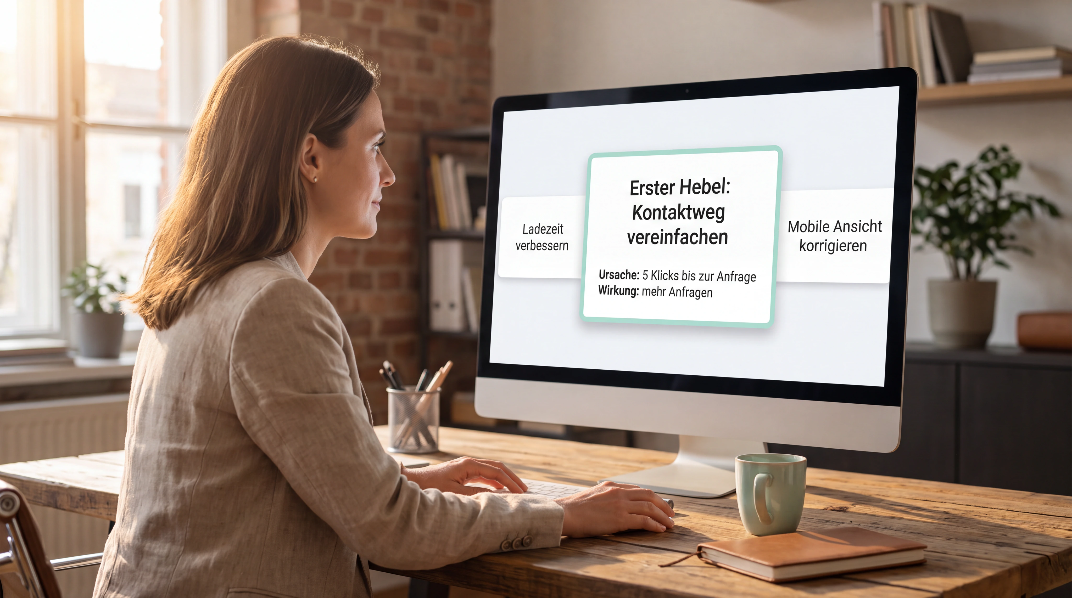 Drei mögliche Verbesserungen liegen vor, aber nur eine ist deutlich als erster Hebel priorisiert. Eine Unternehmerin versteht Ursache, Wirkung und nächsten Schritt in der echten Ergebnisansicht.