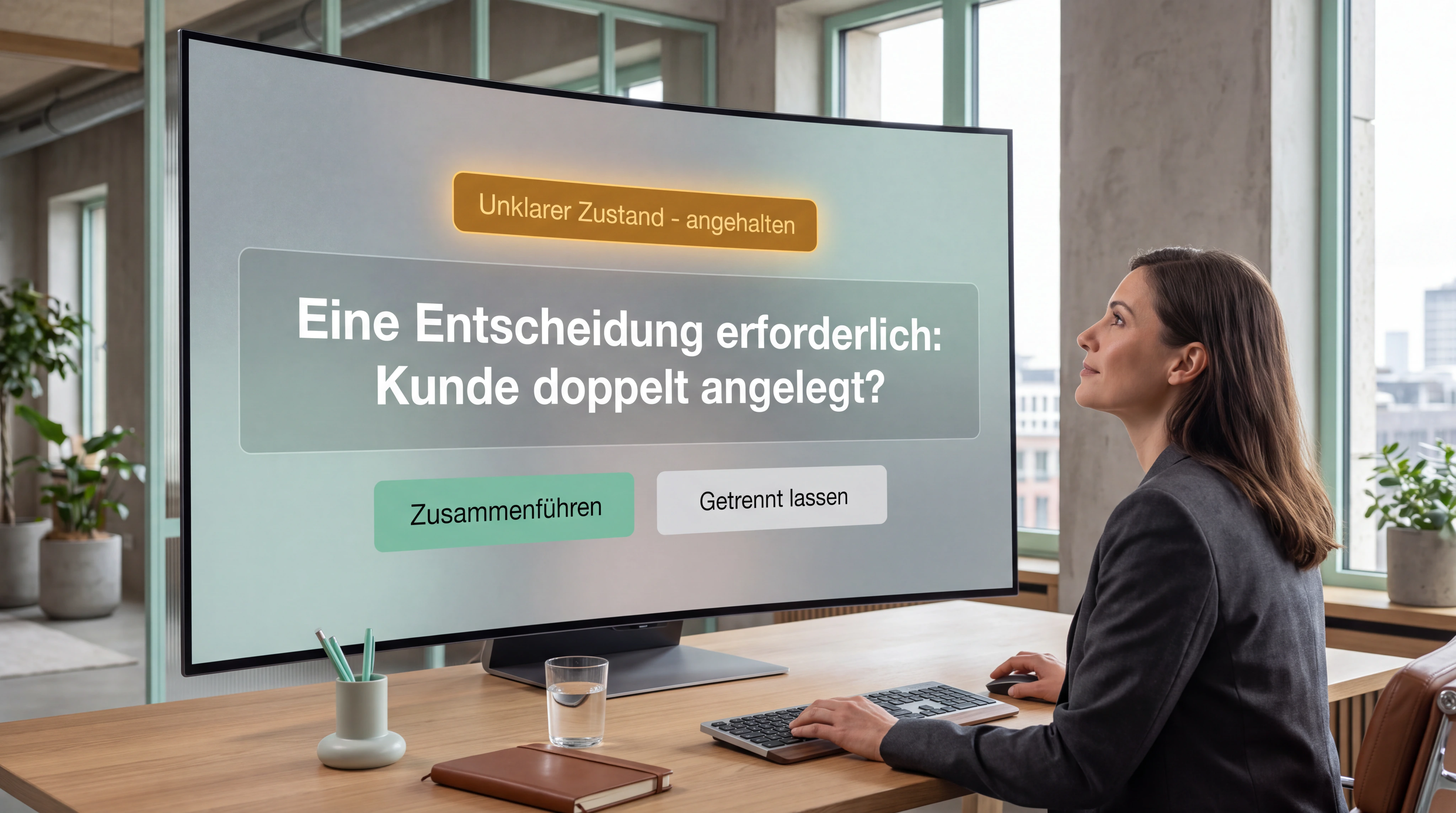 Ein digitaler Ablauf erreicht einen unklaren Zustand und stoppt sauber. Statt weiterzuraten wird eine einzelne menschliche Entscheidung angefordert; ruhige reale Operationsansicht.