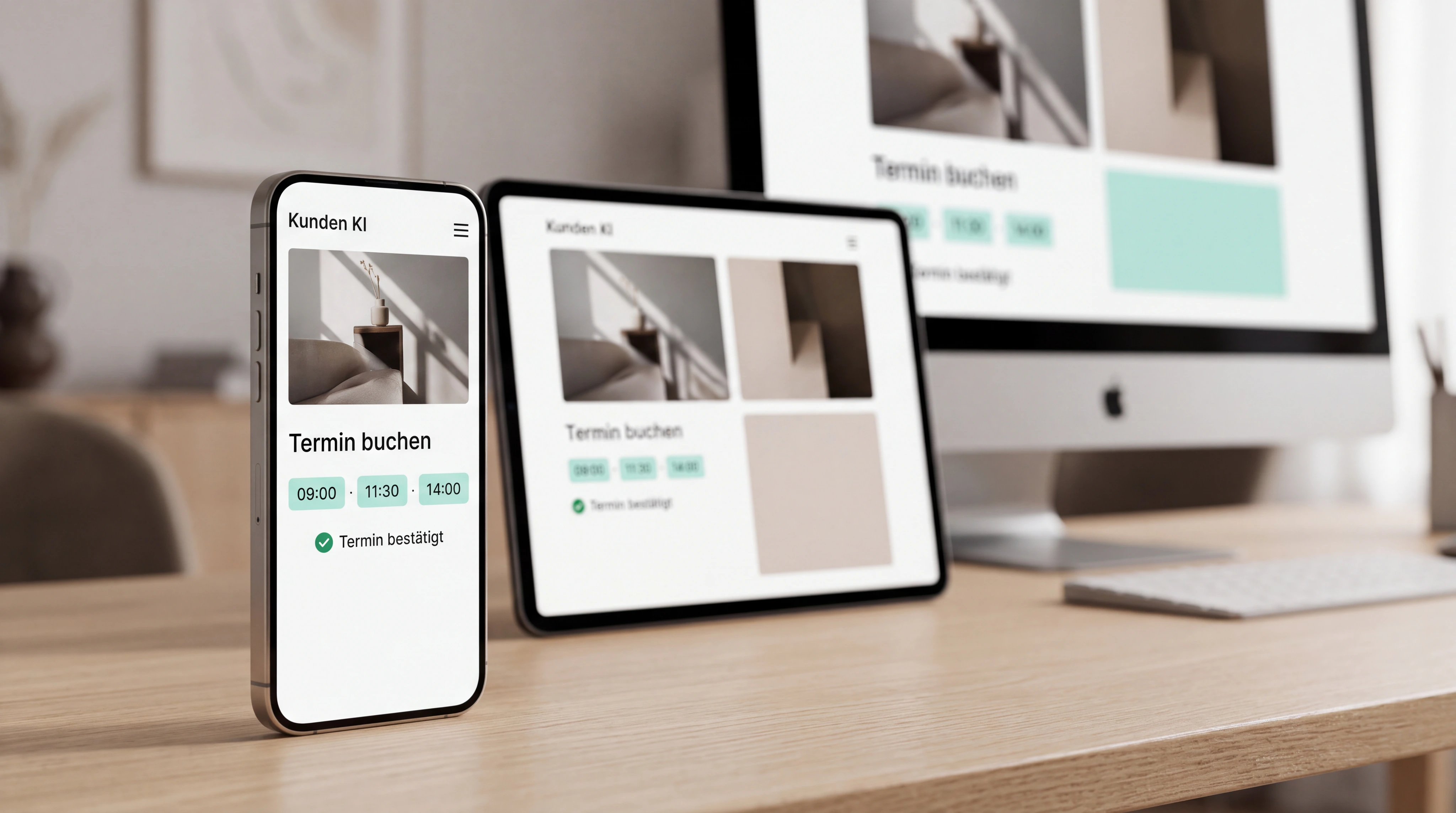 Dieselbe Kunden-KI-Leistung wird auf schmalem Smartphone, Tablet und Desktop konsistent dargestellt. Der mobile Kernweg bleibt vollständig bedienbar und ist nicht nur eine verkleinerte Desktopseite.