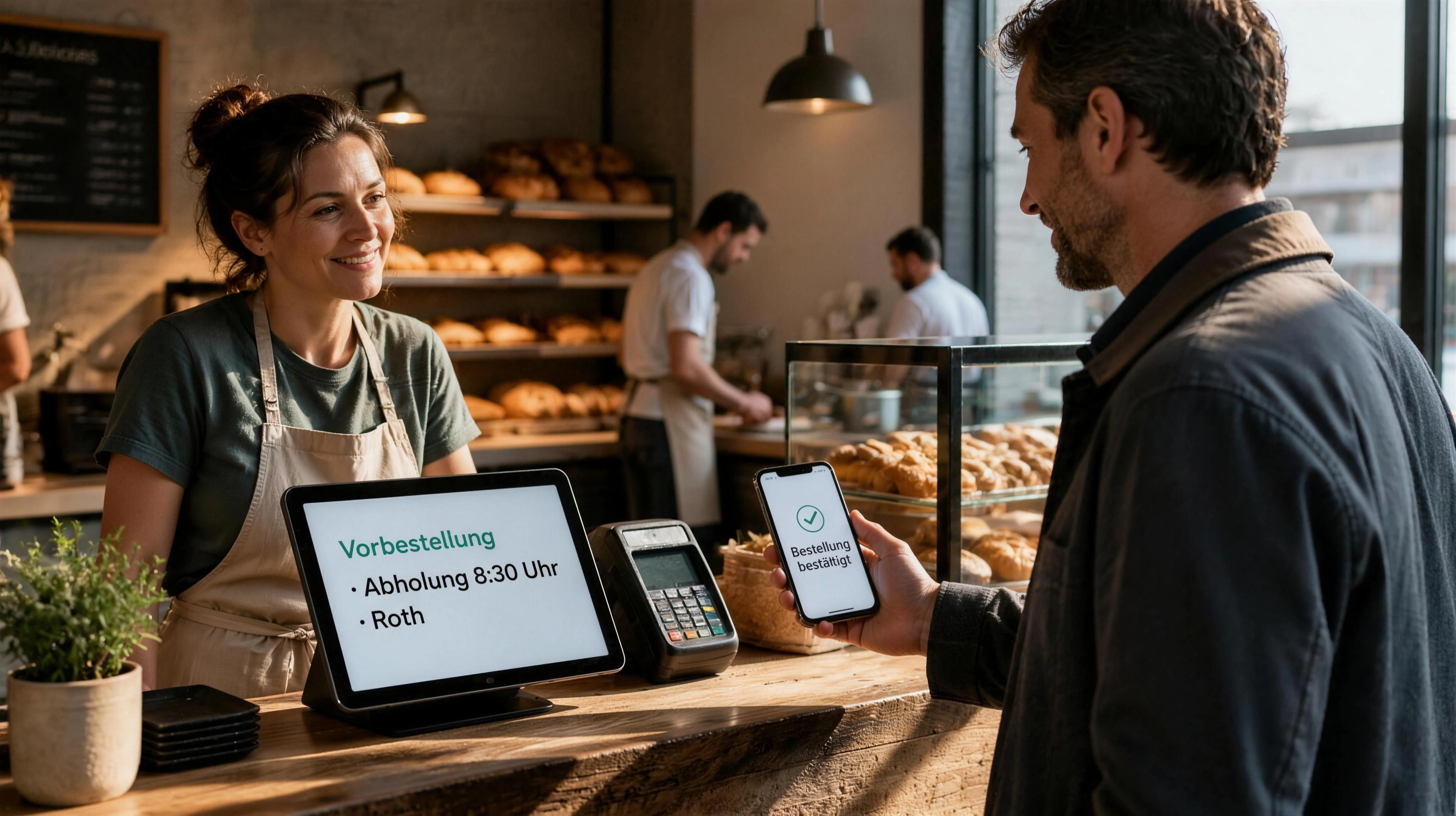 Morgendliche Bäckerei: echte Kundin bestellt, Team arbeitet, digitale Vorbestellung und Abholung greifen ruhig ineinander. Hochwertige lokale Unternehmensfotografie ohne Kai.