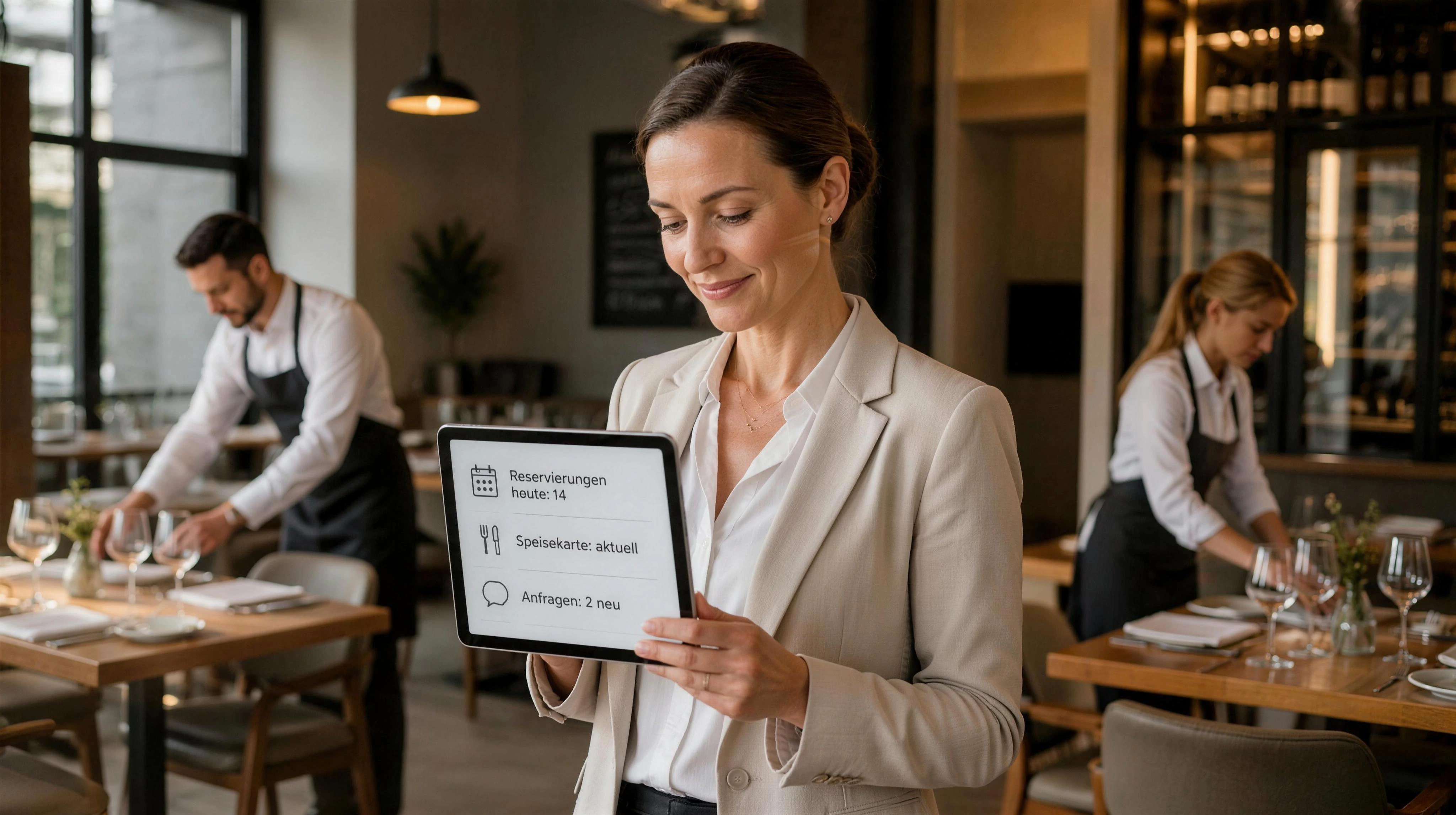 Restaurantleiterin prüft vor dem Abendservice Reservierungen, Speisekarte und eingehende Anfragen in einer klaren gemeinsamen Arbeitsansicht. Authentisches Licht, echte Gastronomie.