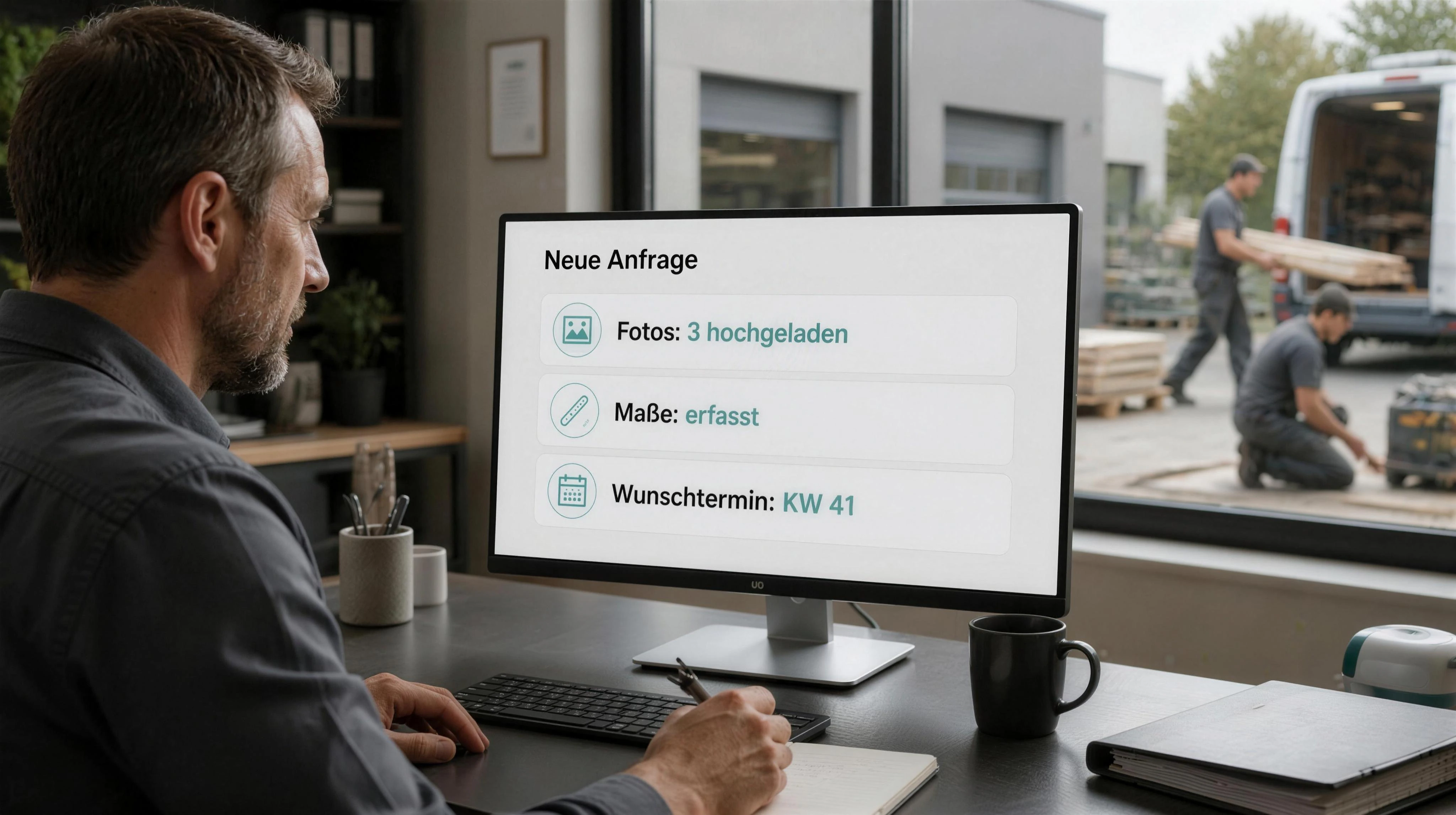 Handwerksbetrieb im echten Einsatz: vollständige digitale Angebotsanfrage erreicht das Büro mit Fotos, Maßen und Terminwunsch, während das Team draußen weiterarbeitet.
