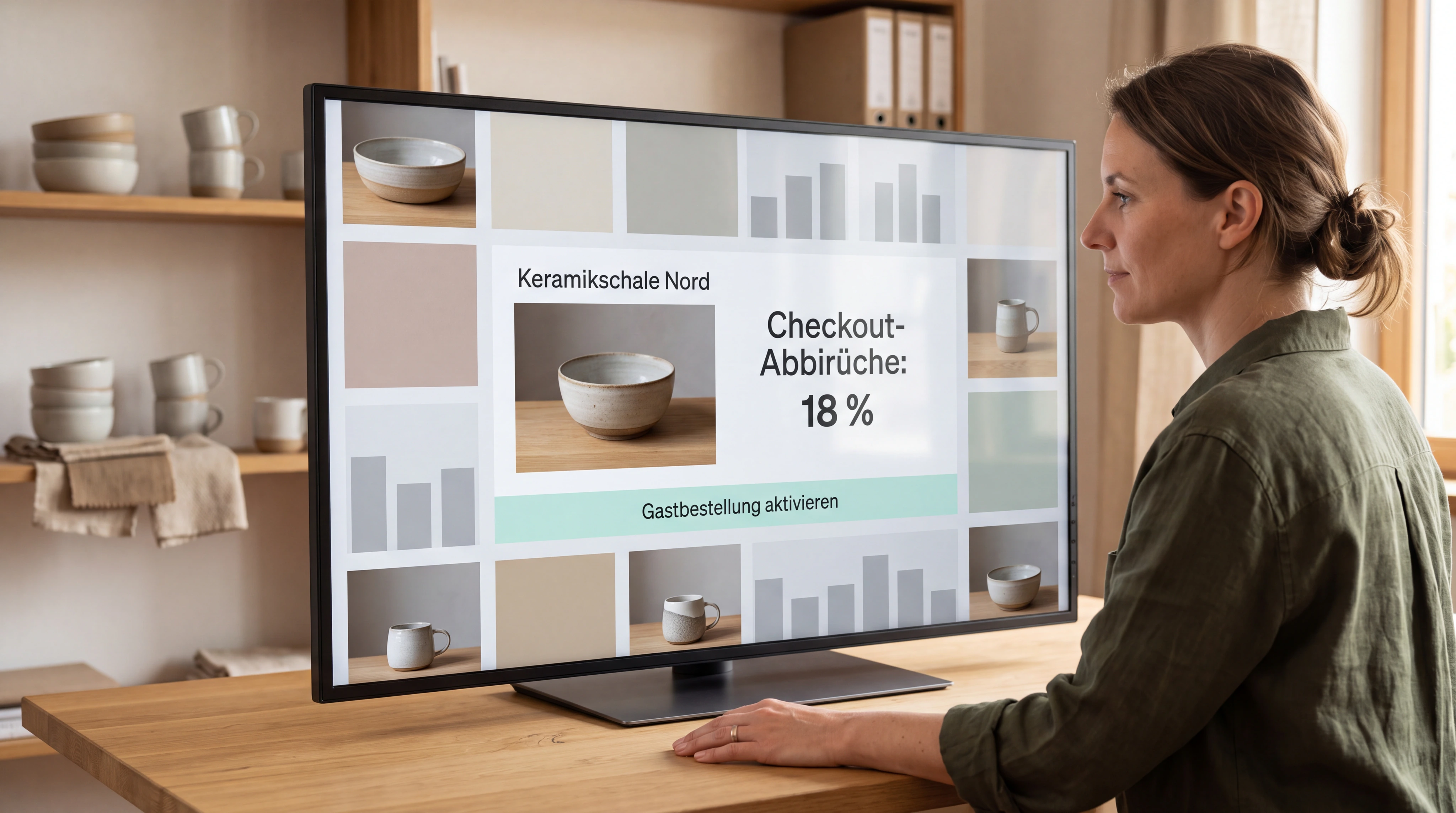 Shopbetreiberin prüft Produktdarstellung, Checkout-Abbruch und eine konkrete Optimierung auf der bereitgestellten echten Shopanalyse. Produkte und Marke bleiben im Mittelpunkt.