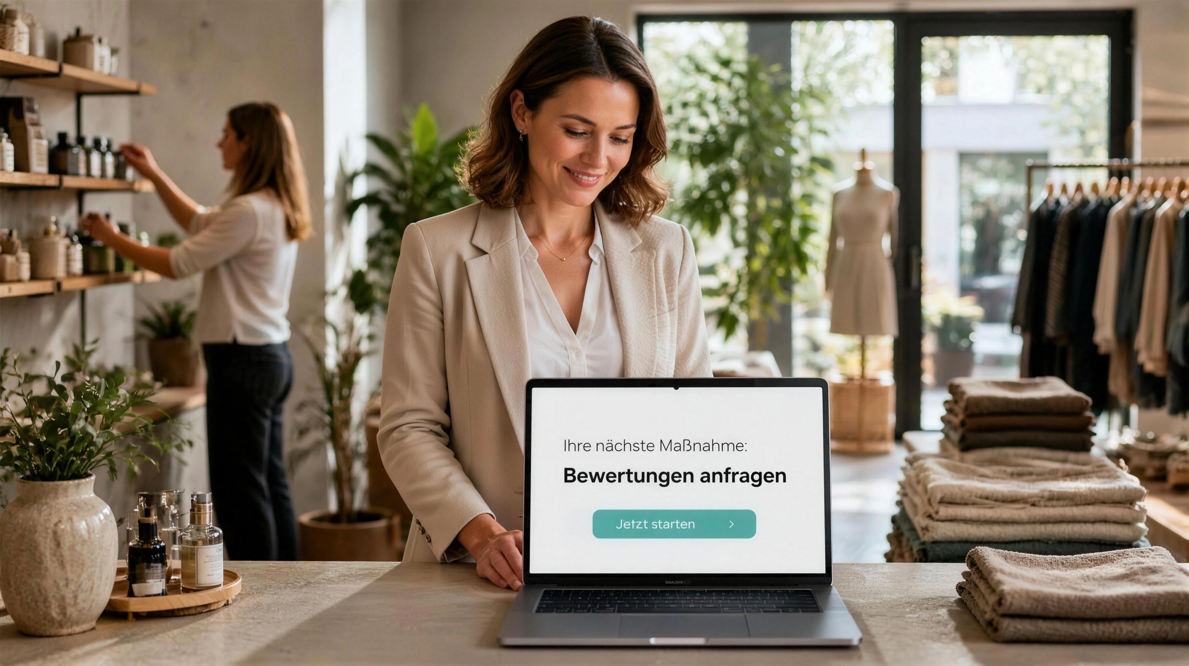 Eine Unternehmerin steht morgens in ihrem laufenden Betrieb und sieht auf dem Laptop genau eine klar priorisierte nächste Maßnahme. Die Arbeit im Hintergrund läuft ruhig weiter; glaubwürdiger, positiver Abschluss.