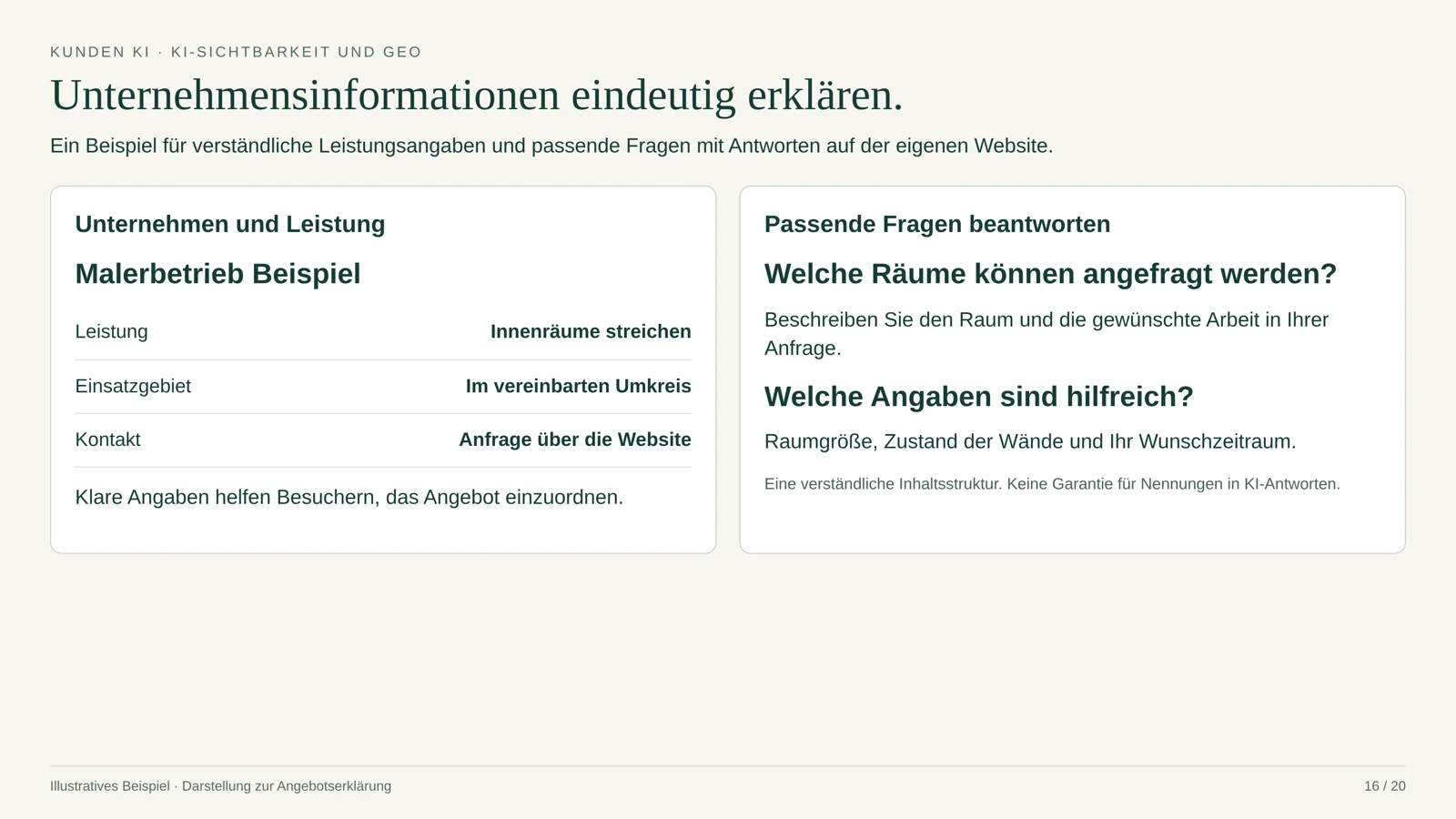 KI-Sichtbarkeit / GEO: Unternehmensinformationen eindeutig erklären.
