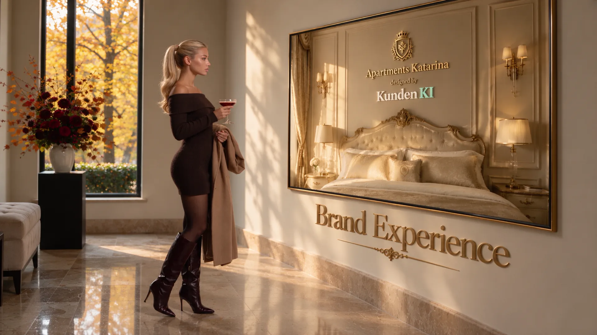 Tine betrachtet die gerahmte Wand mit dem Schriftzug Brand Experience.