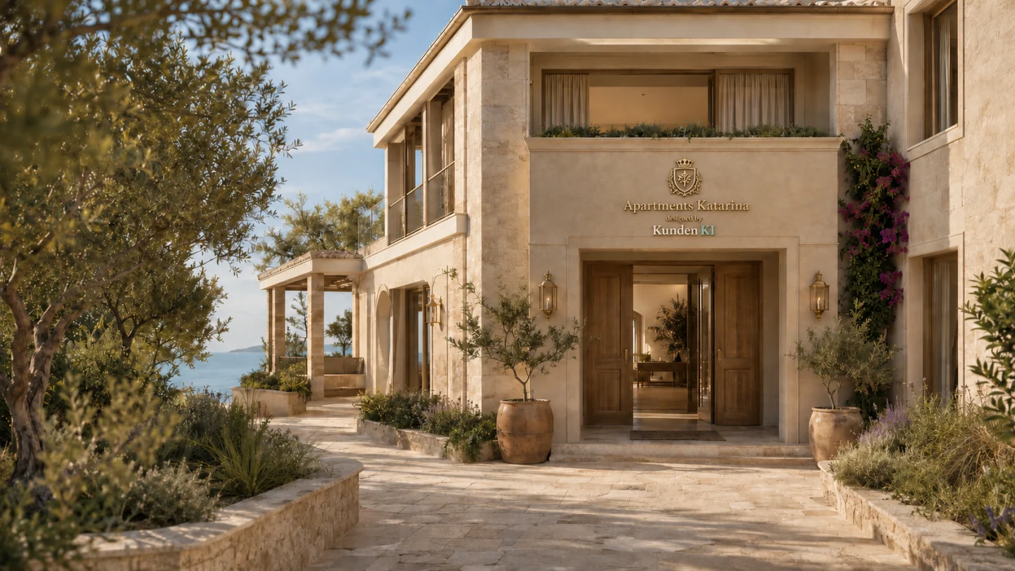 Ankommen bei Apartments Katarina, heller Hoteleingang mit Blick zum Meer